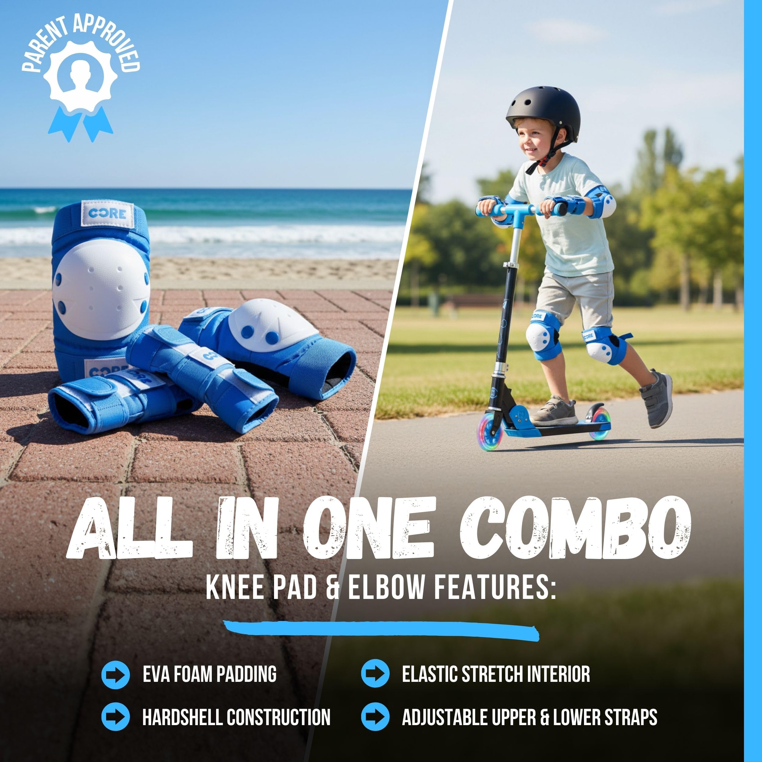 Core Junior Triple Pad Set Knee Pads Elbow Pads Wrist Guards 6 in 1 Protective Gear Set for Kids Youth Adult for Skateboarding Scooter Cycling BMX Skating Skate