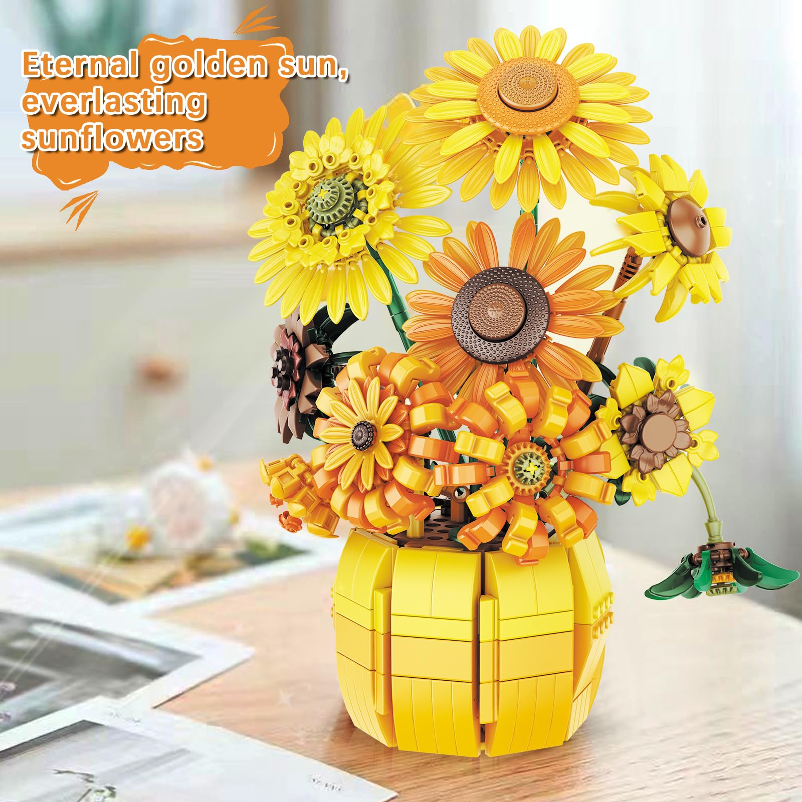 Set di costruzione di fiori di girasole per adulti, collezione botanica d'arte Van Gogh per donne e ragazze di 14 anni e più, kit di piante artificiali in vaso, decorazione per interni