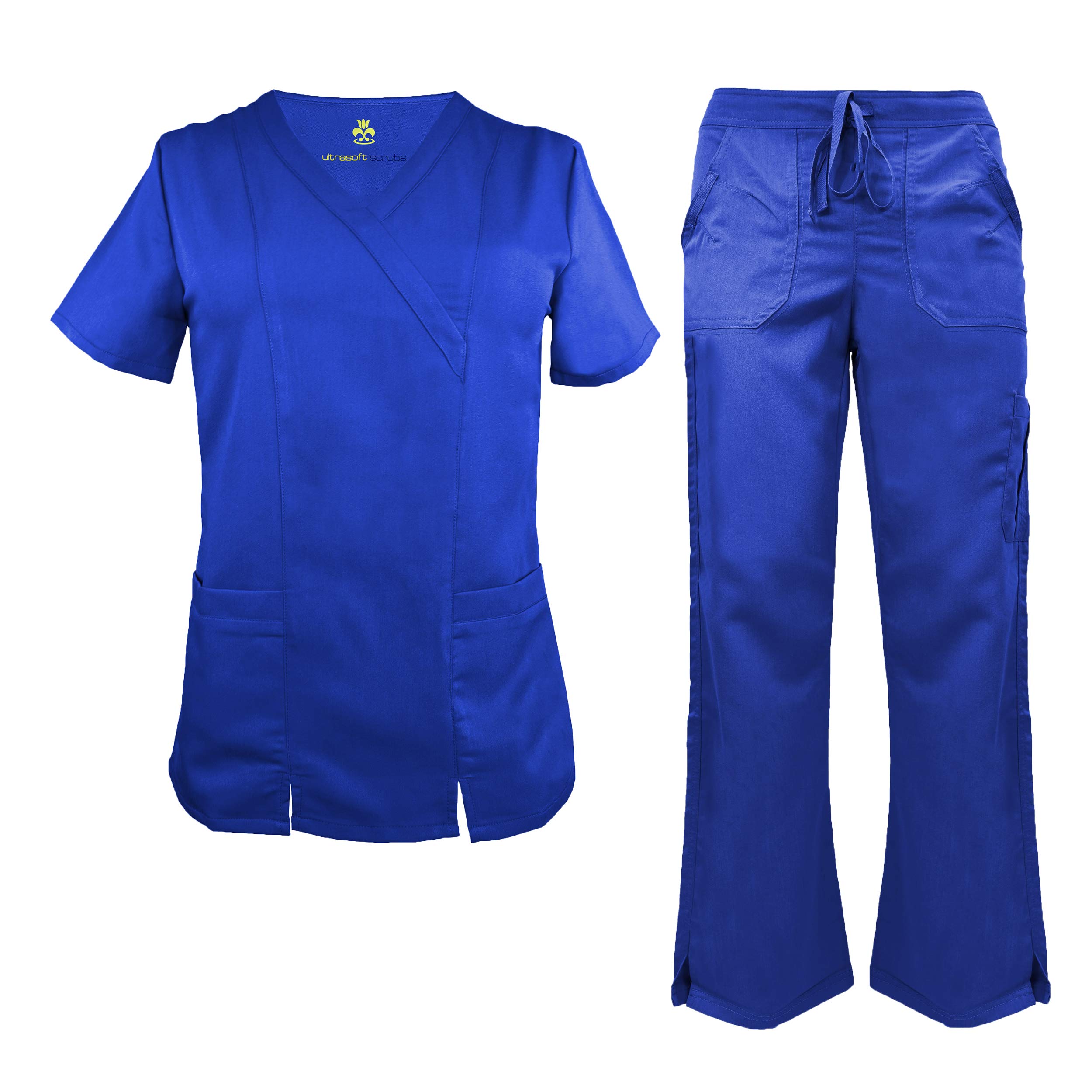 Soft Premium Professional Work-Wear 2 Pocket Cross Over Tunic Top and Pant Set (True Royal Blue, X-Large)