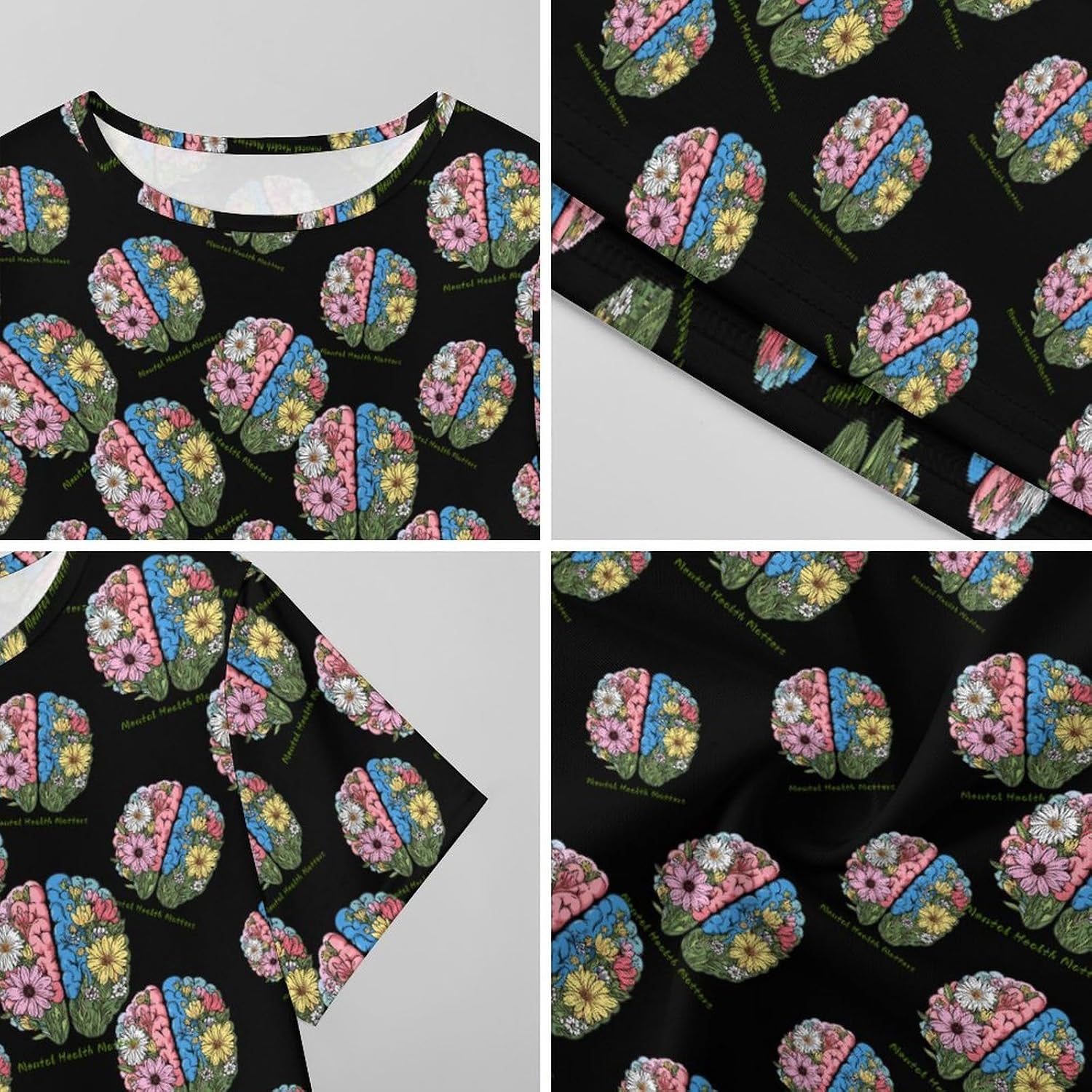 Mental Health Matters Floral Brain Nightgowns for Women Short Sleeve Sleep Dress Casual Sleepshirt Night Gowns Pajamas