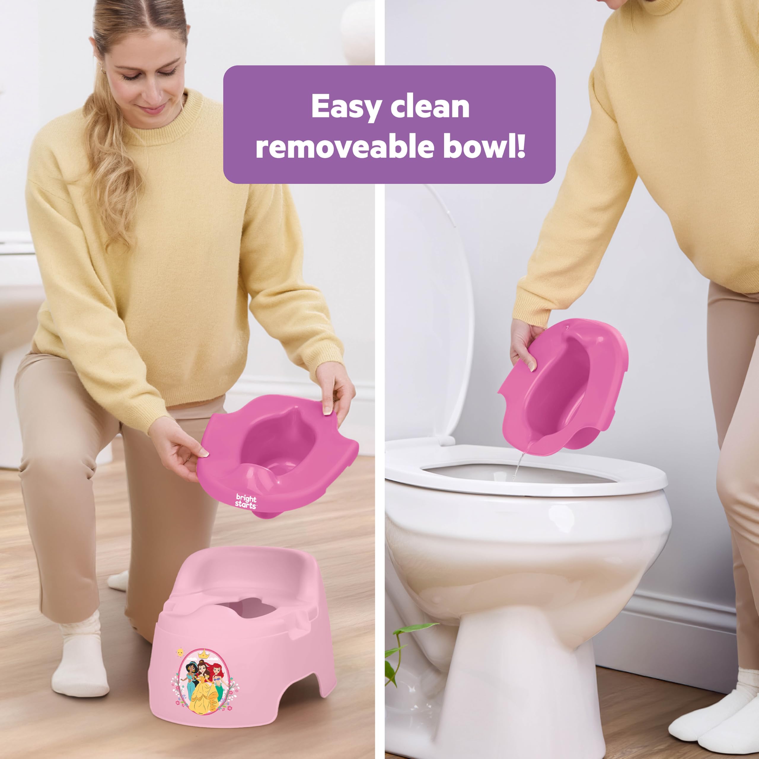 Bright Starts Disney Princess Full Comfort Potty Training Toilet, Easy Clean Removable Bowl, Splash Guard, High Back for Comfort & Stability, Toddlers up to 50 lbs - 4