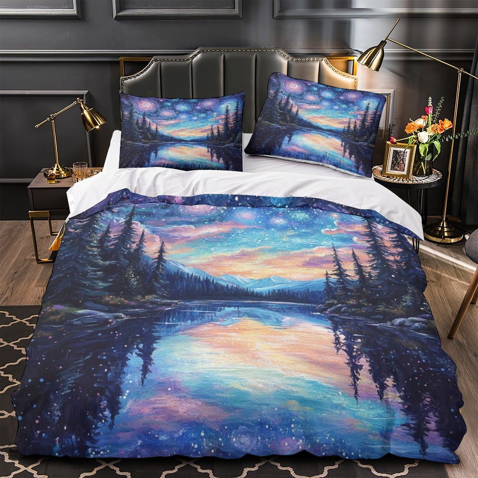 Housse de couette 220x240 nuit étoilée lit king en microfibre respirante