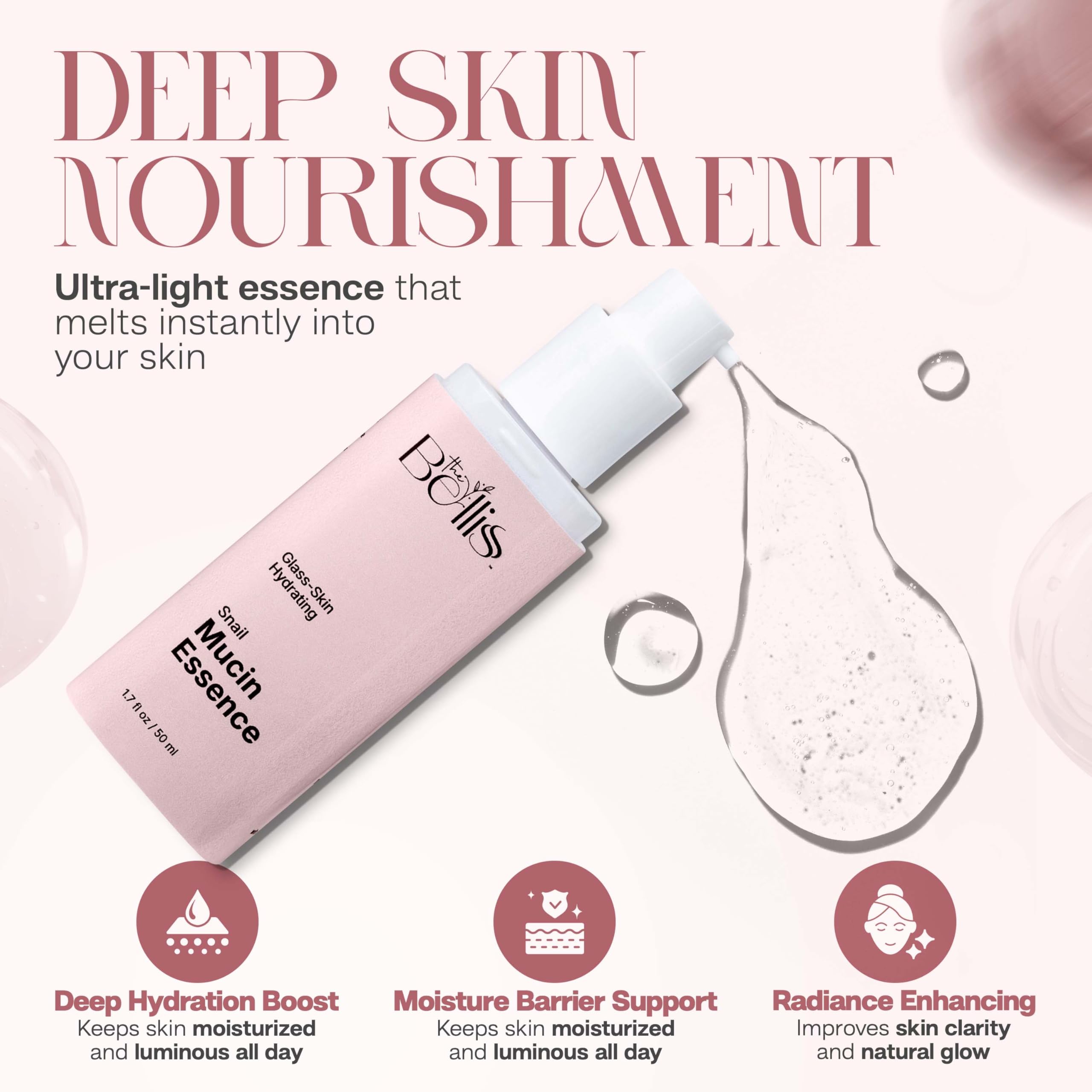 The Bellis Snail Mucin Essence – Snail Mucin Serum with Hyaluronic Acid, Allantoin – Hydrating Serum for Face – Lightweight and Fast-Absorbing – Anti-Aging and Hydration Support – 1.7fl oz
