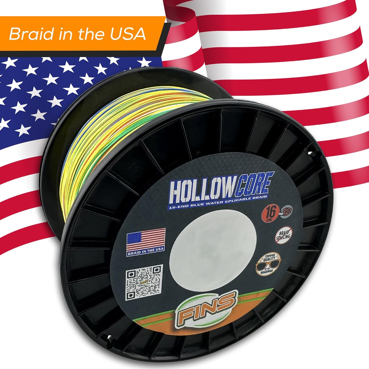 FINS Hollow Core Braided Fishing Line – USA Made, 16-Strand Spliceable Bluewater Braid, Knotless Leader Connections, Greater Reel Capacity, Superior Strength for All Offshore Saltwater Fishing