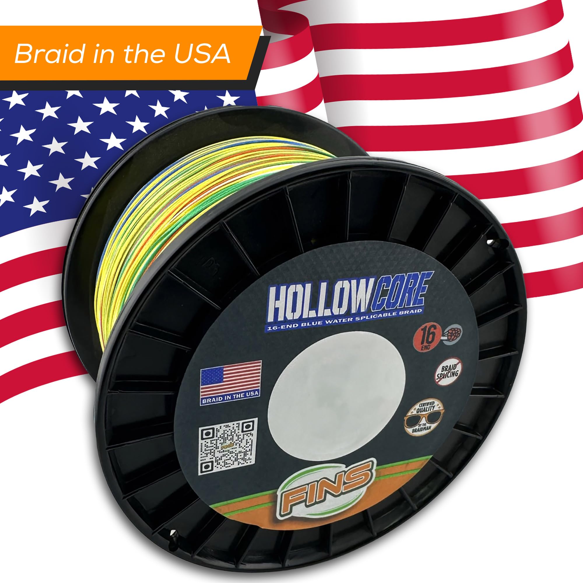 FINS Hollow Core Braided Fishing Line - USA Made, Spliceable Braid for Bluewater Angling, Superior Knotless Leader Transition - 16-Strand for Increased Reel Capacity - Metered - 80 lb - 300 Yds