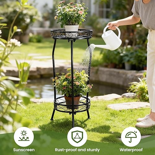 Miniatura 7 de Soporte para plantas de interior con diseño de metal de 2 niveles, 27.17 pulgadas de altura para colocación de esquinas, estante para macetas para