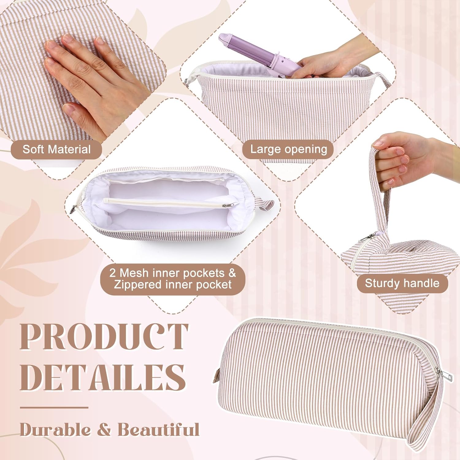 Huhumy Hair Tools Travel Bag with Handle, Large Khaki Striped Seersucker Wide Open Quilted Hot Styling Tool Organizer for Hair Dryer, Curling Irons, Flat Irons, Haircare Accessories Travel Necessities