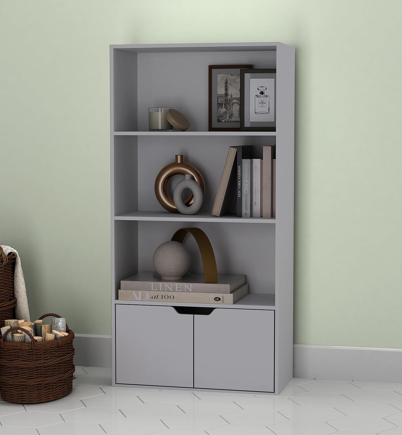 URBNLIVING 4 Tier Wide Grey Wooden Bookcase Cupboard with 2 Doors