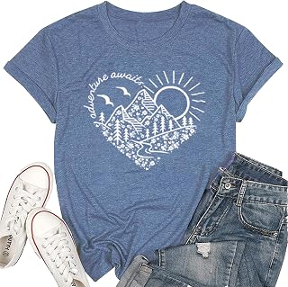 Adventure Awaits T-Shirt Women Outdoor Graphic Tee Shirt Nature Hiking Camping Tee Shirts Travel Shirt