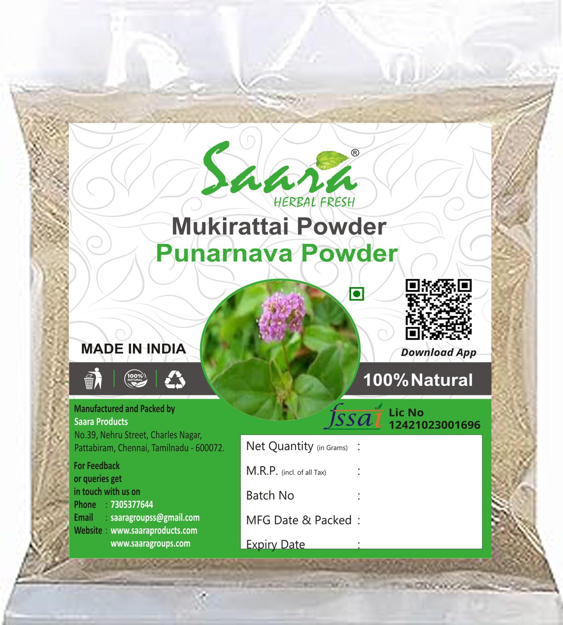 Saara HERBAL FRESH Mookirattai Powder 100g,Mukirattai Root Powder,Punarnava Root Powder, Atikamamidi, Boerhavia diffusa, Sathi Jadd, Saranai Ver Root Powder, (pack of 1 x 100g) (B08JSBY7ZJ) Amazon Price History, Amazon Price Tracker