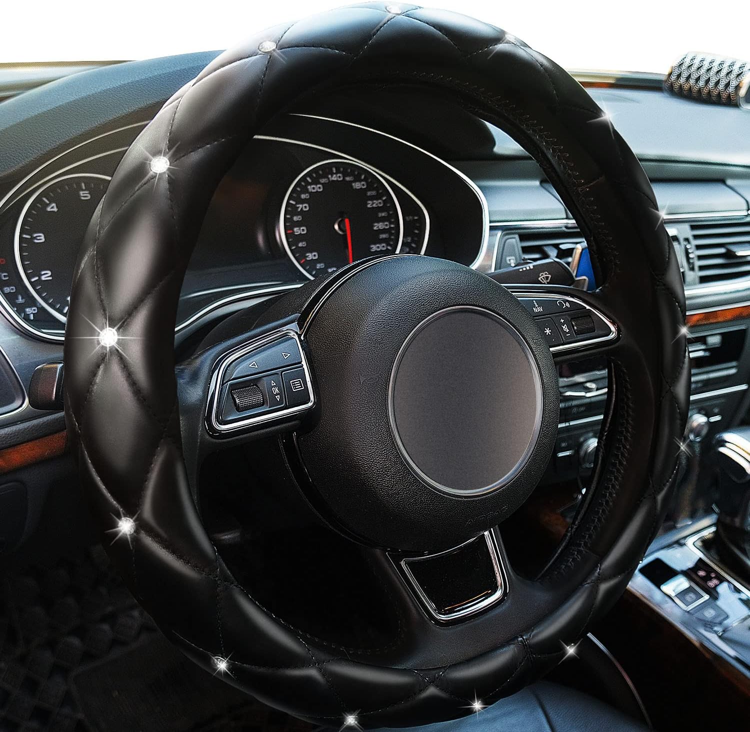 Xizopucy Diamond Leather Bling Steering Wheel Cover, Universal Car Steering Wheel Protector with Crystal Rhinestones Anti-Slip Soft Interior Accessories for Women and Girl Fit 15 inch -Black