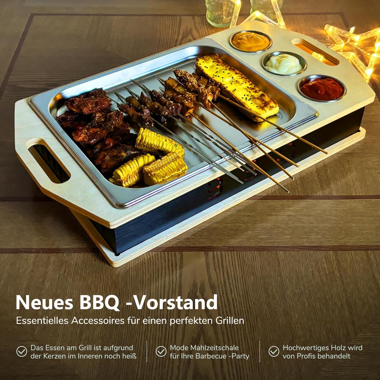 Fleischwarmhalter fürs Grillen, BBQ Board mit Edelstahl Schälchen, Umweltfreundliche Materialien, Grillgut Stövchen für Potlucks BBQ-Party Versammlungen(X)