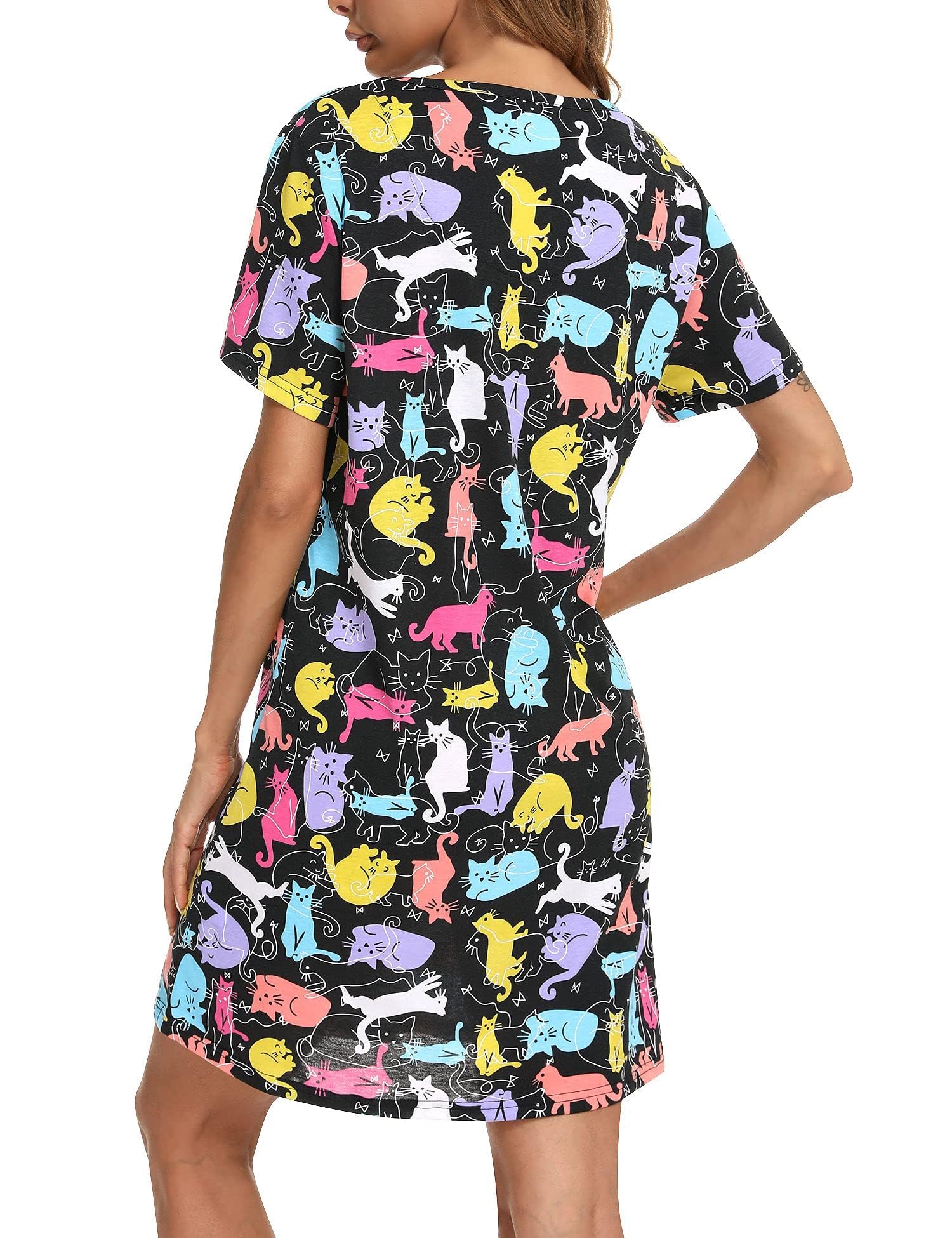 ENJOYNIGHT Camisón de algodón de manga corta para mujer, ropa de dormir con estampado casual | Camisón ligero de mezcla de algodón, ropa de descanso cómoda con bonito estampado, talla M-2XL