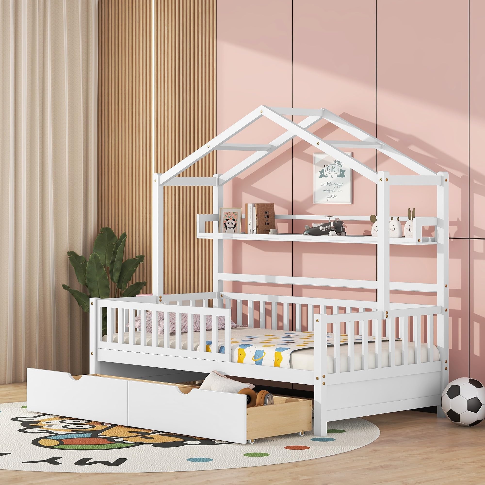 Dayiyang Wooden Twin Size House Bed with 2 Drawers,Kids Bed with Storage Shelf (Color : White, Size : Twin)