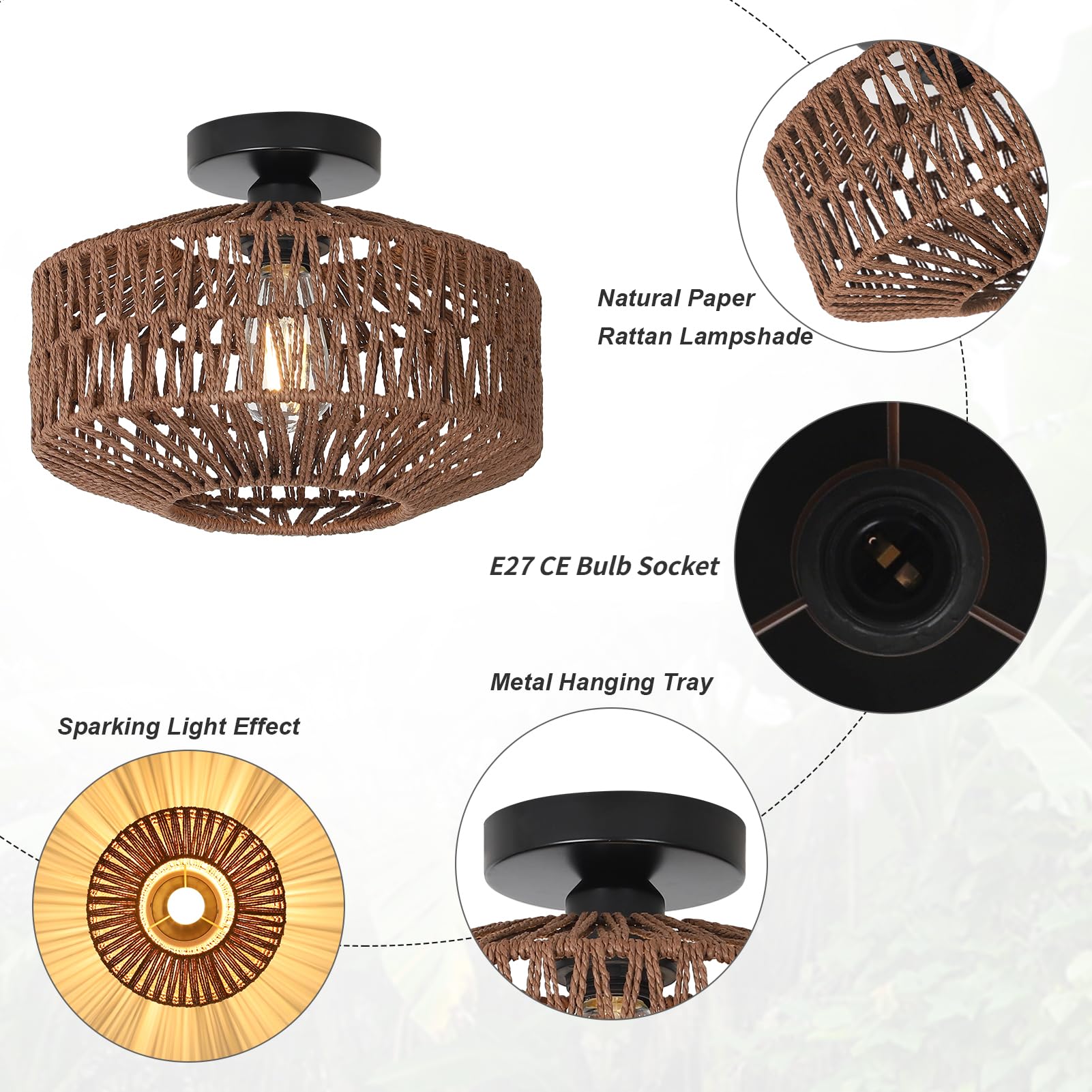 Rayofly Dunkel Braun Rattan Deckenlampe, Boho Deckenleuchte Mit Lampenschirm, Vintage Bambus Lampe, Rustikal Leuchte für Wohnzimmer, Korb Lampe für Schlafzimmer, Küche, Flur