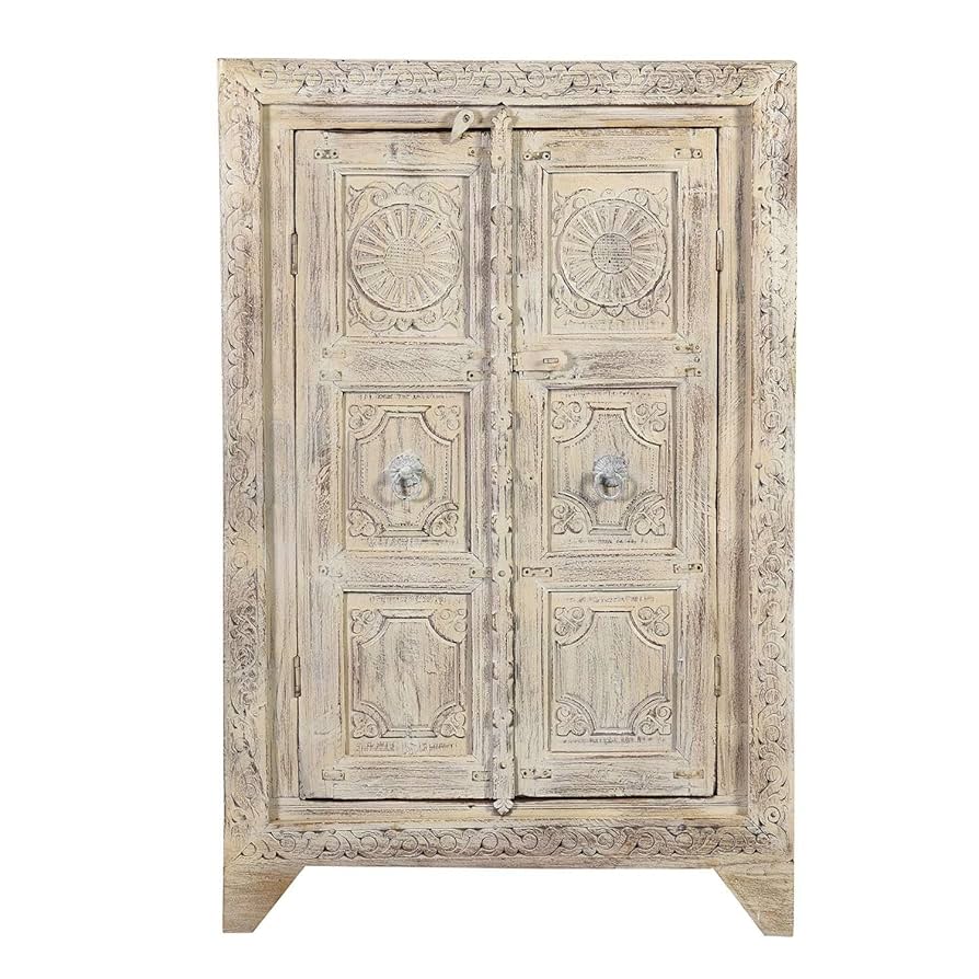 アンティーク雑貨 ビンテージホワイト 収納 Amazon.com: Farmhouse Style Distressed White 2 Door Carved