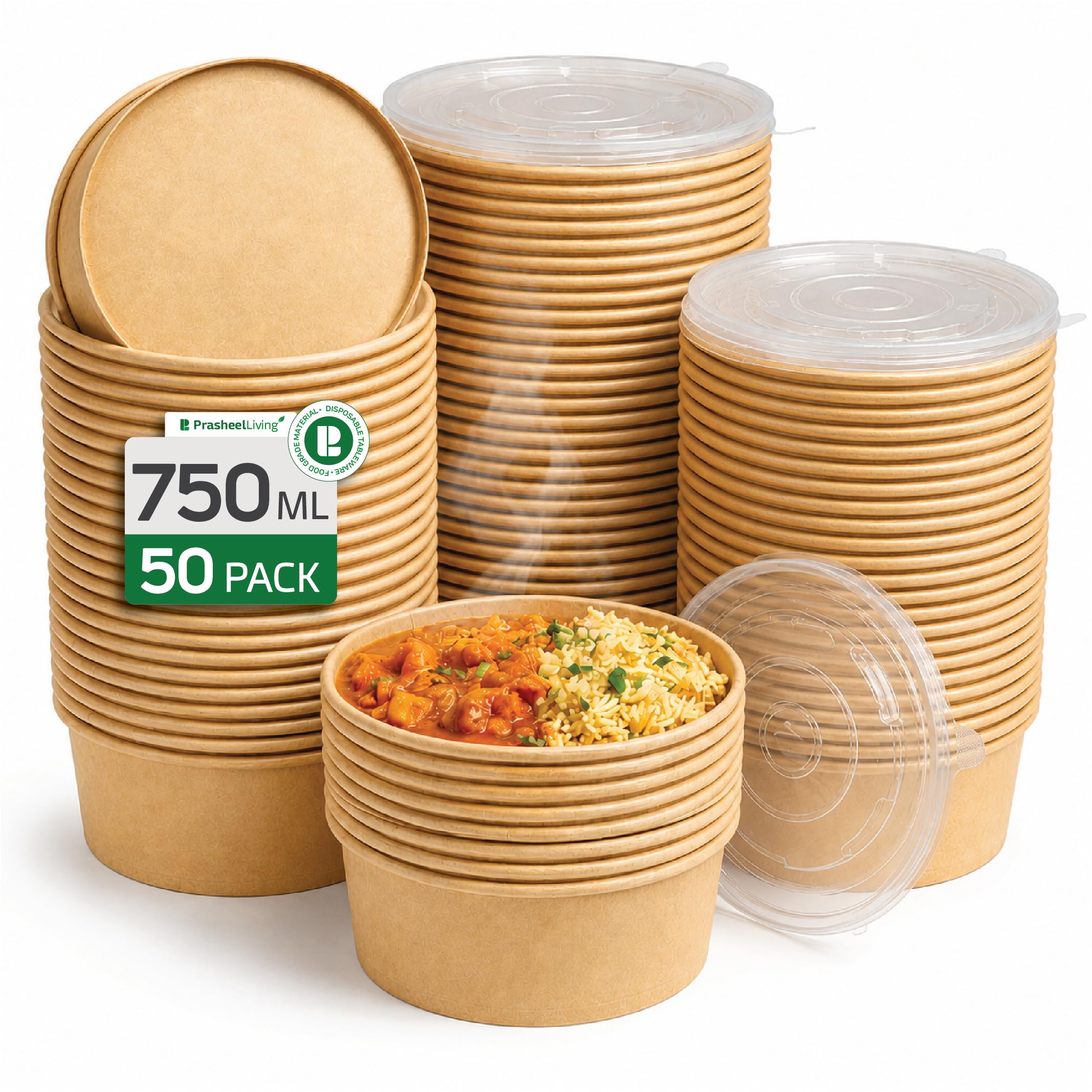 PrasheelLiving [750 ml, 50 Pack] Disposable Round Kraft Paper Bowl with Lid | Takeout Containers for Hot/Cold Foods, Salad, Dessert, Soup, Noodles | Leak-Proof, Microwaveable Food Storage Containers