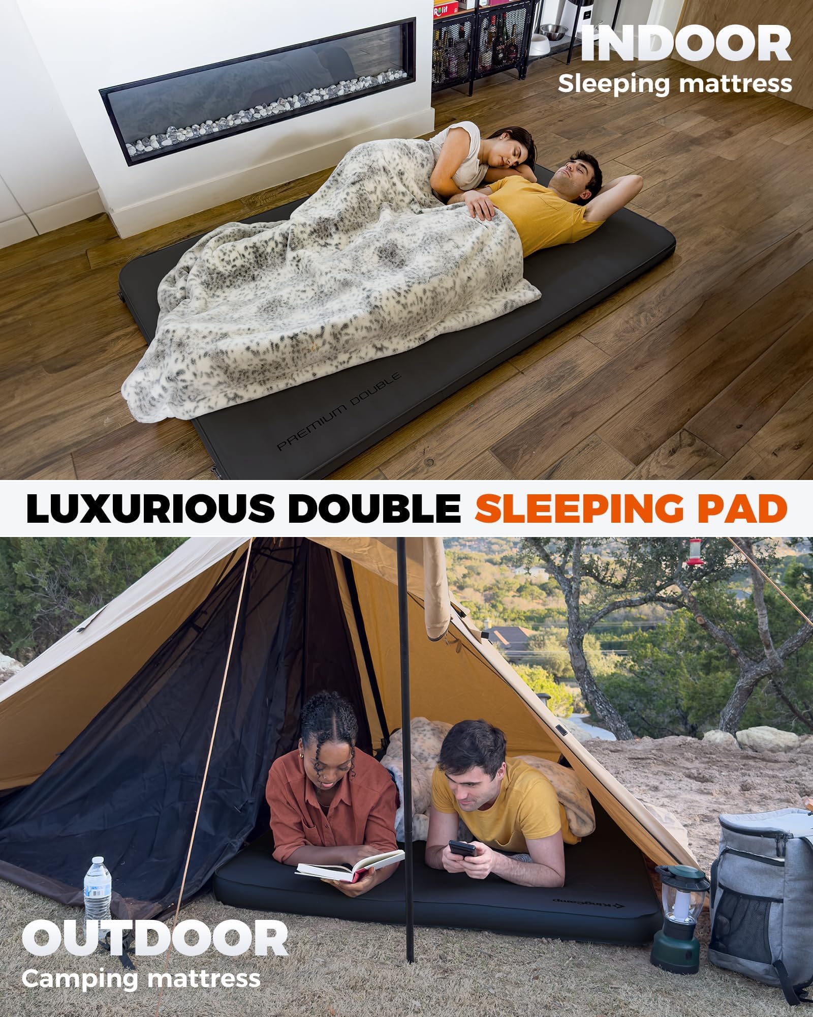 KingCamp Super Komfort Selbstaufblasende Doppelbett Campingmatratze Isomatte mit 3D-Konstruktion und Schaumstoffkern für 2 Personen 201 × 128 × 7.5 cm