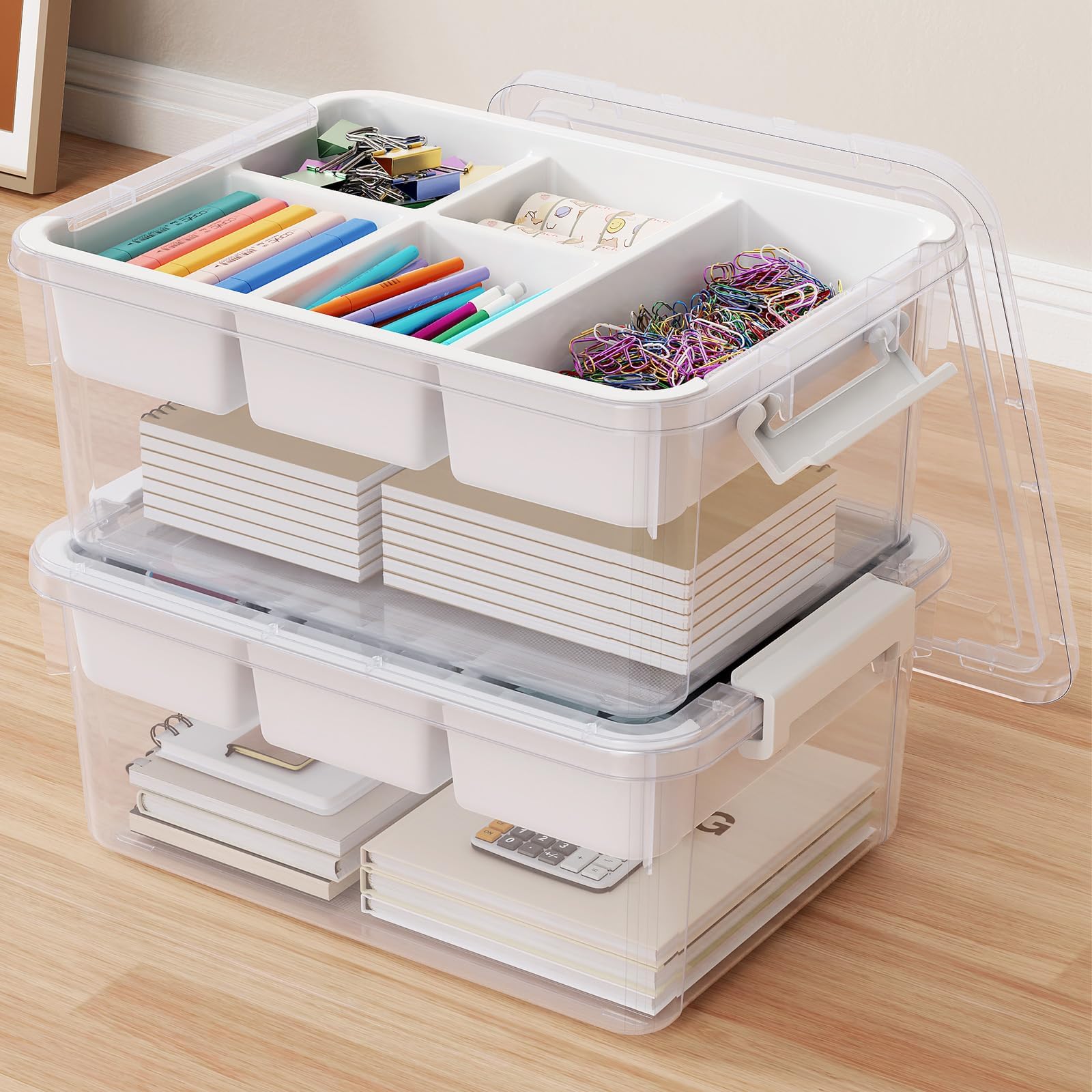 40Qt Stackable Storage Bins with Lids & Trays, Clear Plastic Latching Boxes Organizers with Dividers Portable 10Gal Containers for Arts & Crafts, Home and Car Trunk Organization, 2Pack