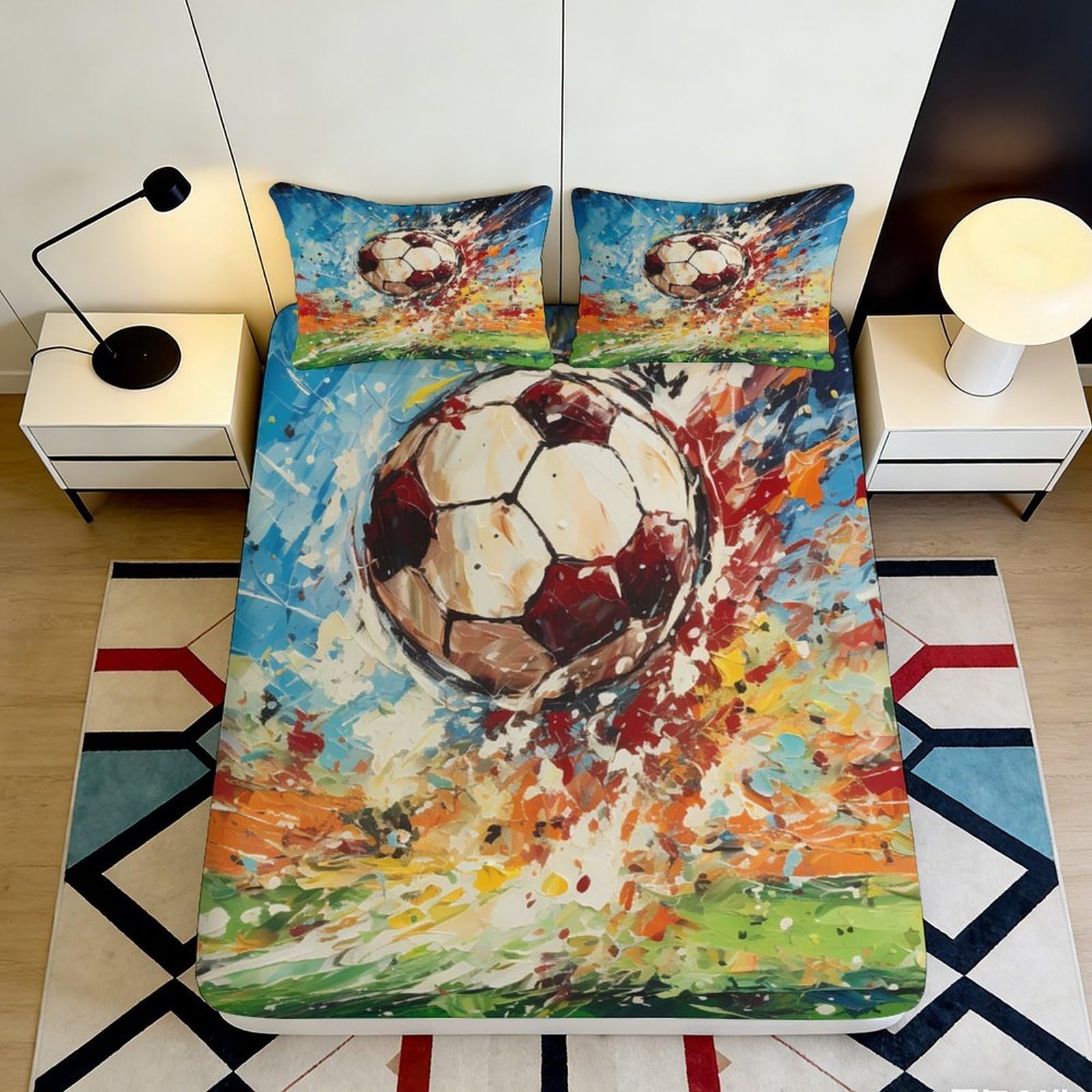 3D Printed Splash Soccer Fitted Sheet Microfiber Vibrant Football Bed Cover for Bedroom Guest Room Decor 90x200x25cm