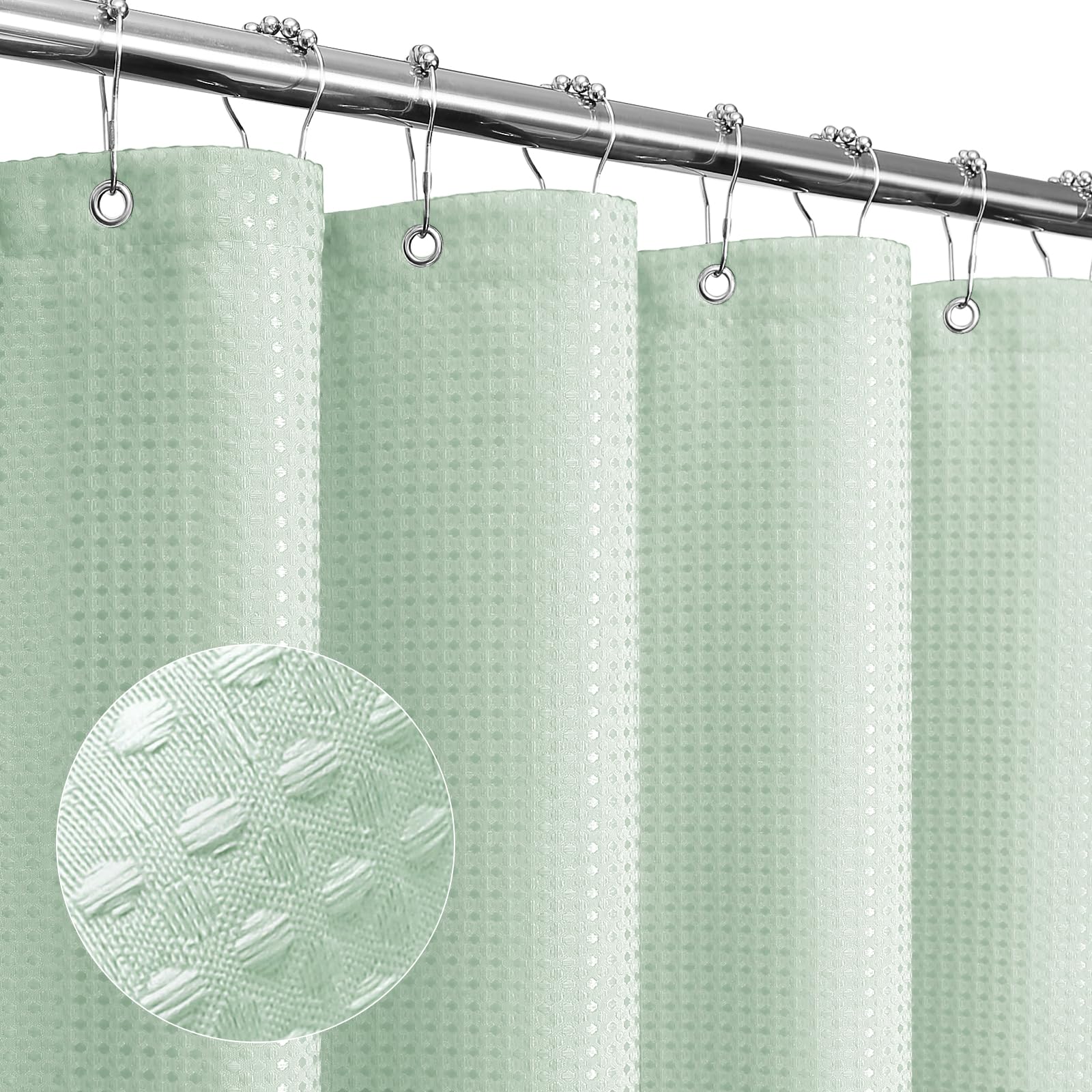 Gibelle Extra Long Shower Curtain 72 x 84, Tall Waffle Weave Textured Fabric Shower Curtain for Bathroom, Water Repellent, Machine Washable, Mint