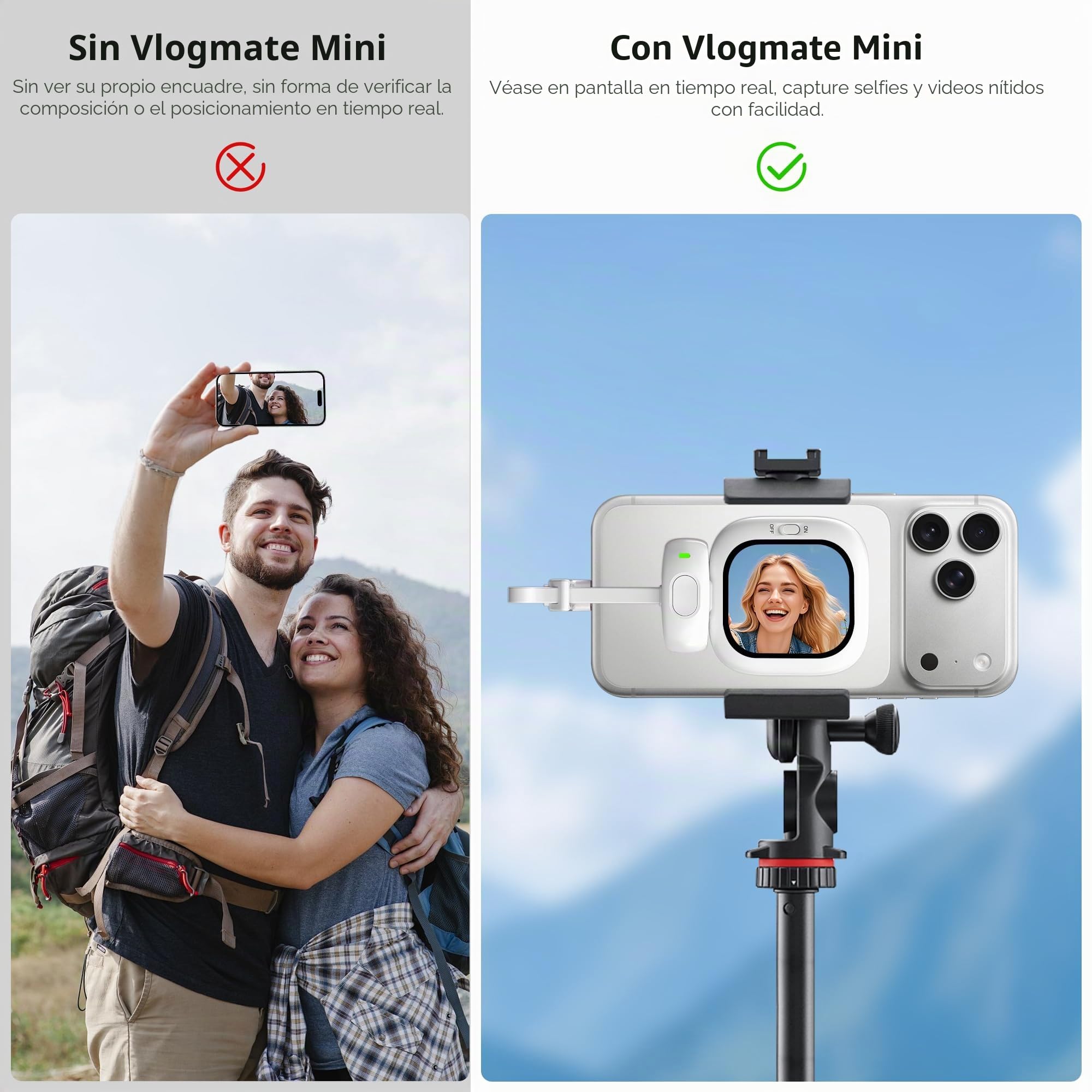 Vlogmate Mini Vlog Selfie Monitor Pantalla, Soporte de teléfono Clip Mount para la cámara trasera Selfies/Vlogging/Live/TikTok