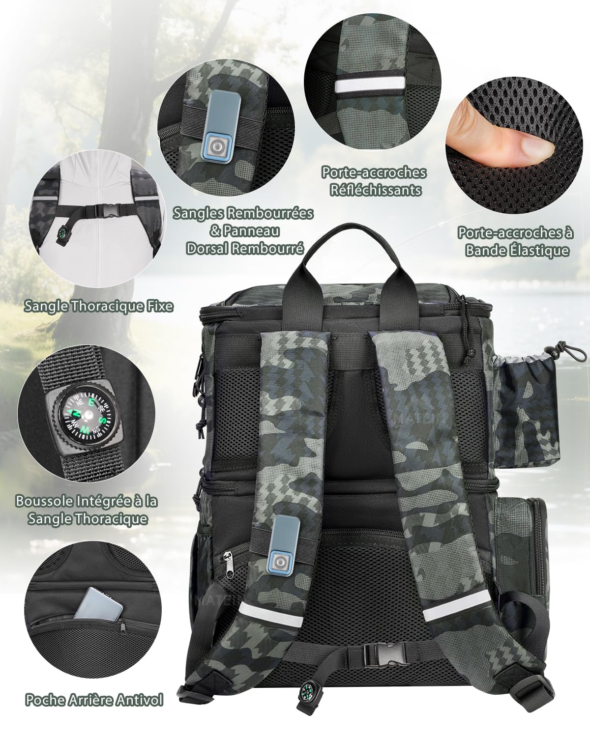 MATEIN Sac de Pêche avec 4 Boite de Rangement & Porte-Canne, Étanche Sac a Dos Peche avec Boussole Sûre & Compartiment Isotherme, Caisse de Peche pour Matériel de Pêche, Cadeau Pecheur, Camouflage