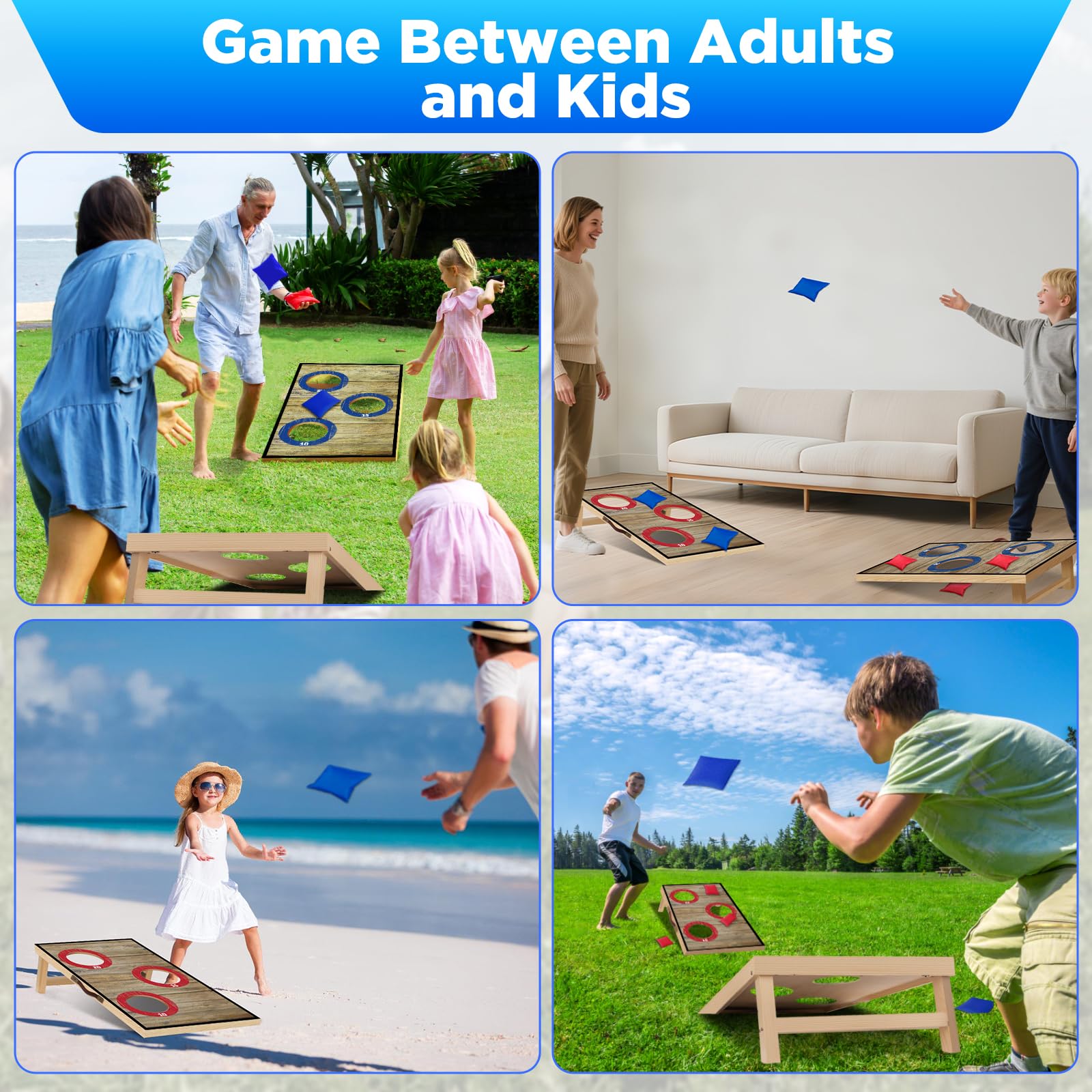 NZQXJXZ Juego de Cornhole, 60 x 35 cm Tableros de Madera Maciza Premium | con Agujeros de maíz con 6 Bolsas de Frijoles y una Bolsa de Transporte, Juego de Lanzamiento de maíz para Familia y Adultos