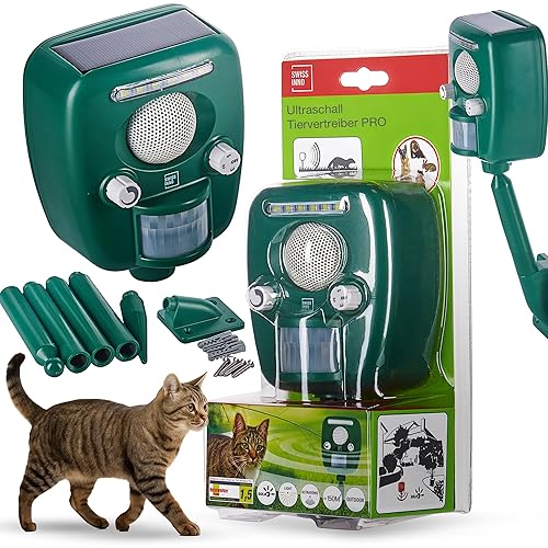 SWISSINNO Ultraschall-Tiervertreiber PRO mit LED-Licht und Solarbetrieb – Bewegungsaktivierte Tierabwehr