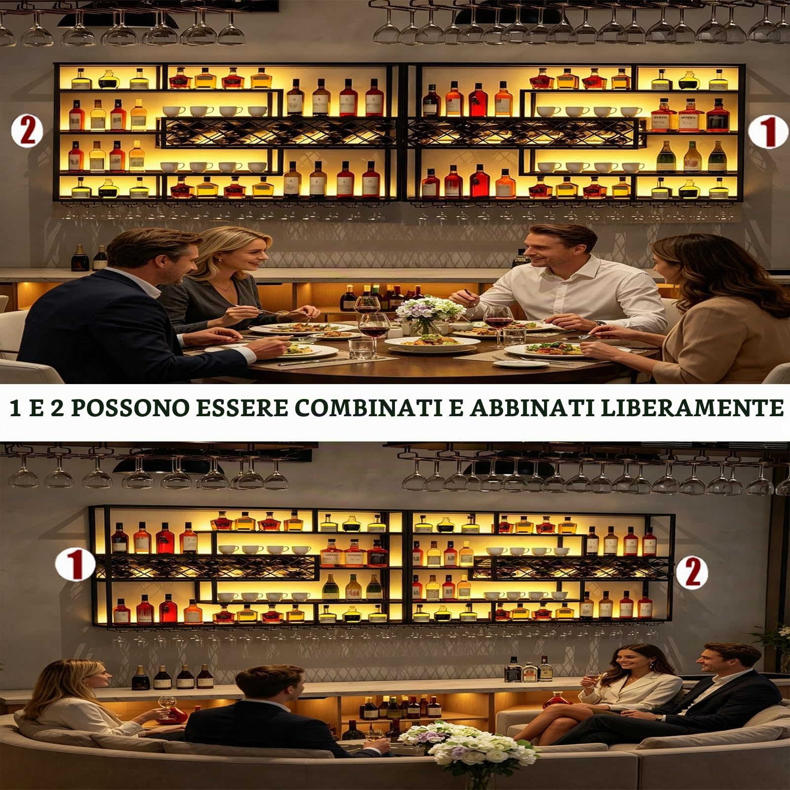 Grande Portabottiglie da Parete Metallico con Illuminazione LED, Scaffale Modulare a 4 Ripiani Sospeso per Bottiglie e Bicchieri, Mensola Portavino Espositore da Bar (Nero, 200CM)