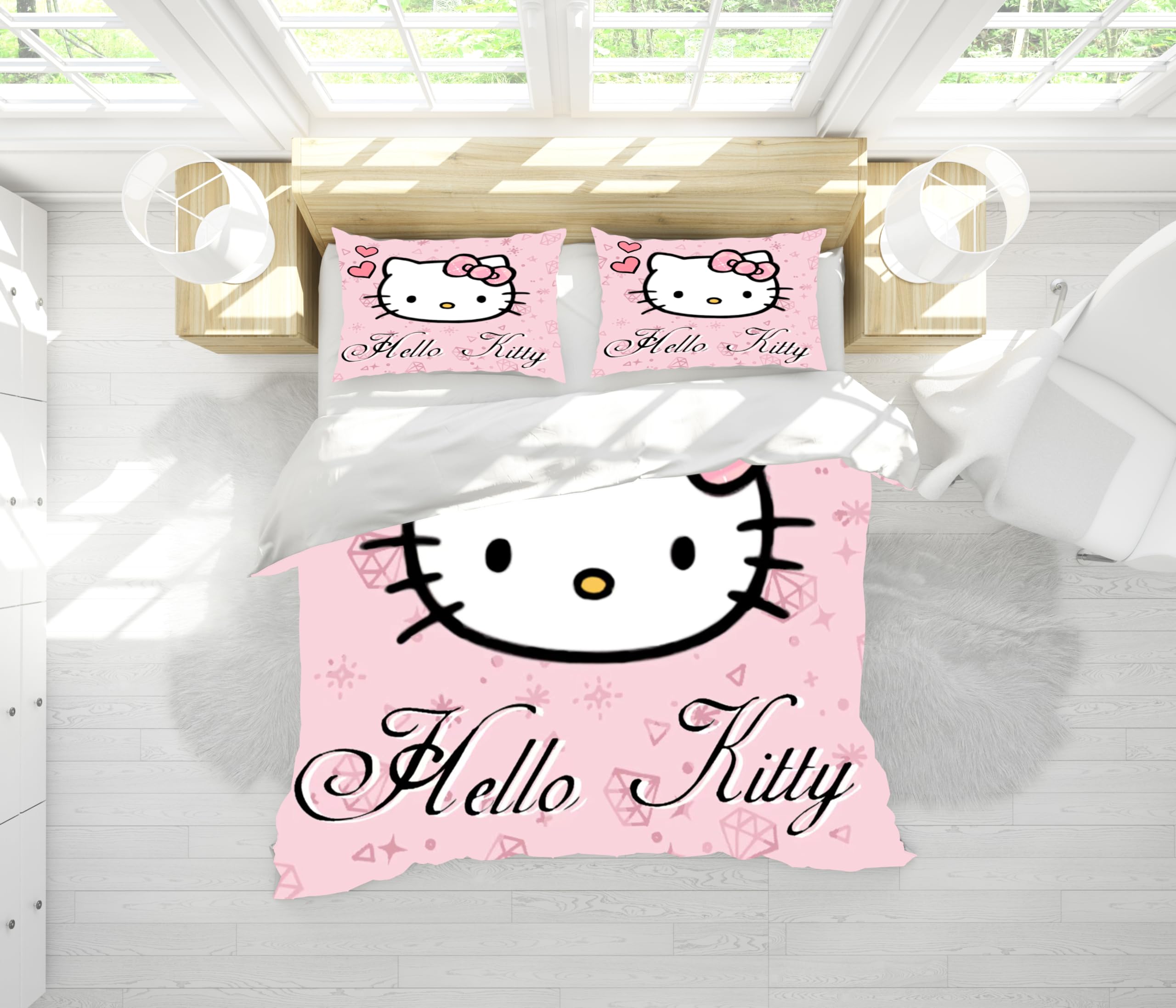 Cute Soft Duvet Cover Sets,3 Piece Cartoon Hallo Cat Bedding Set,Kawaii Anime Kitty Cat Decor Bedroom Gift with1 Duvet Cover and 2 Pillowcases for Kid and Girl… (Pink, Full)