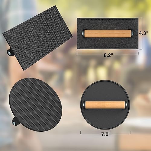 Miniatura 2 de Wildone Prensa de hamburguesas, redonda de 7 pulgadas y 8.2 x 4.3 pulgadas, rectangular, de hierro fundido, prensa de tocino, carne con mango de