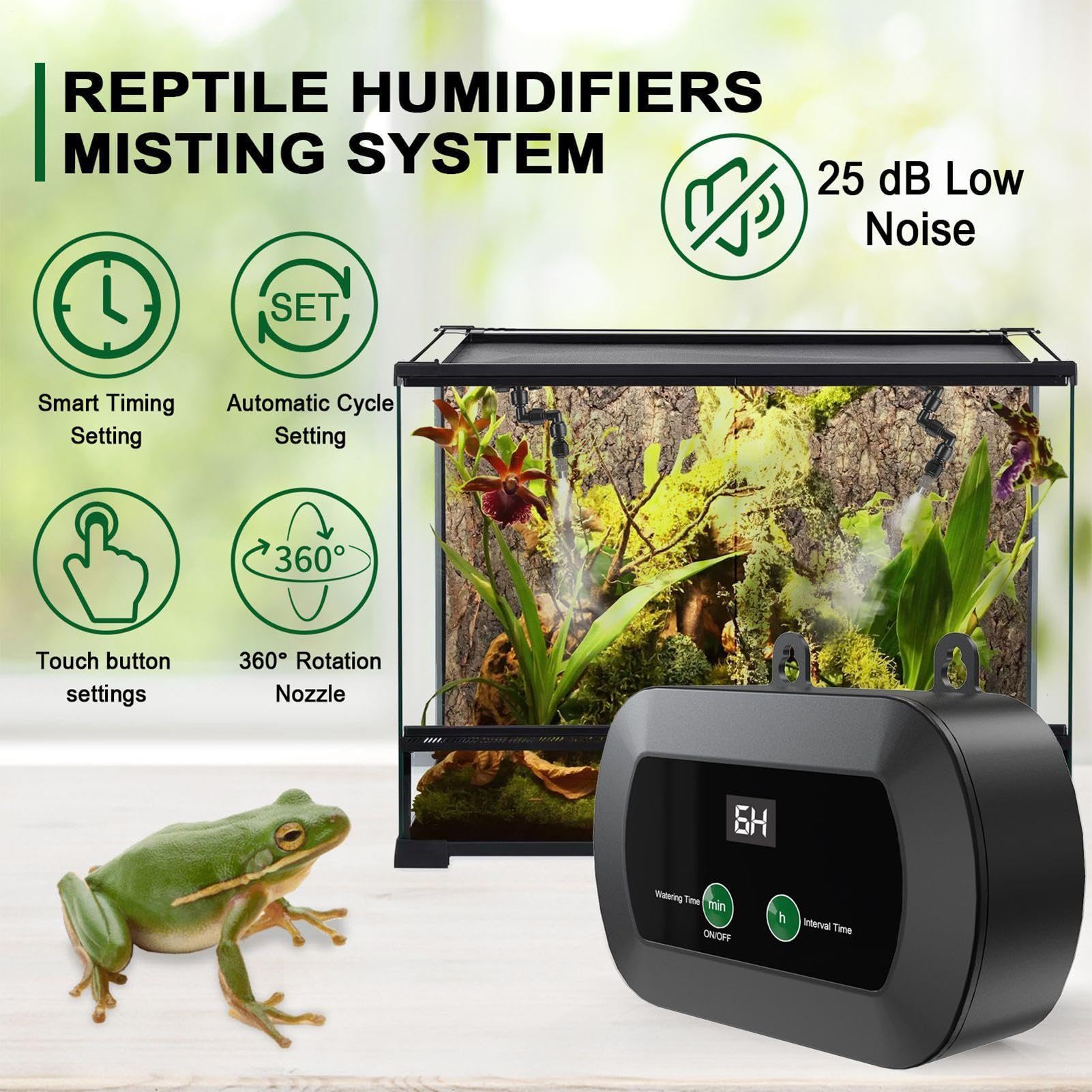 Umidificatore da Terrario Nebulizzatore con Ugello Regolabile a 360 Gradi | Nebulizzatore Automatico per Terrario con Timer Per Terrari, Paguri, Camaleonti, Lucertole, , Rane, Anfibi e Habitat