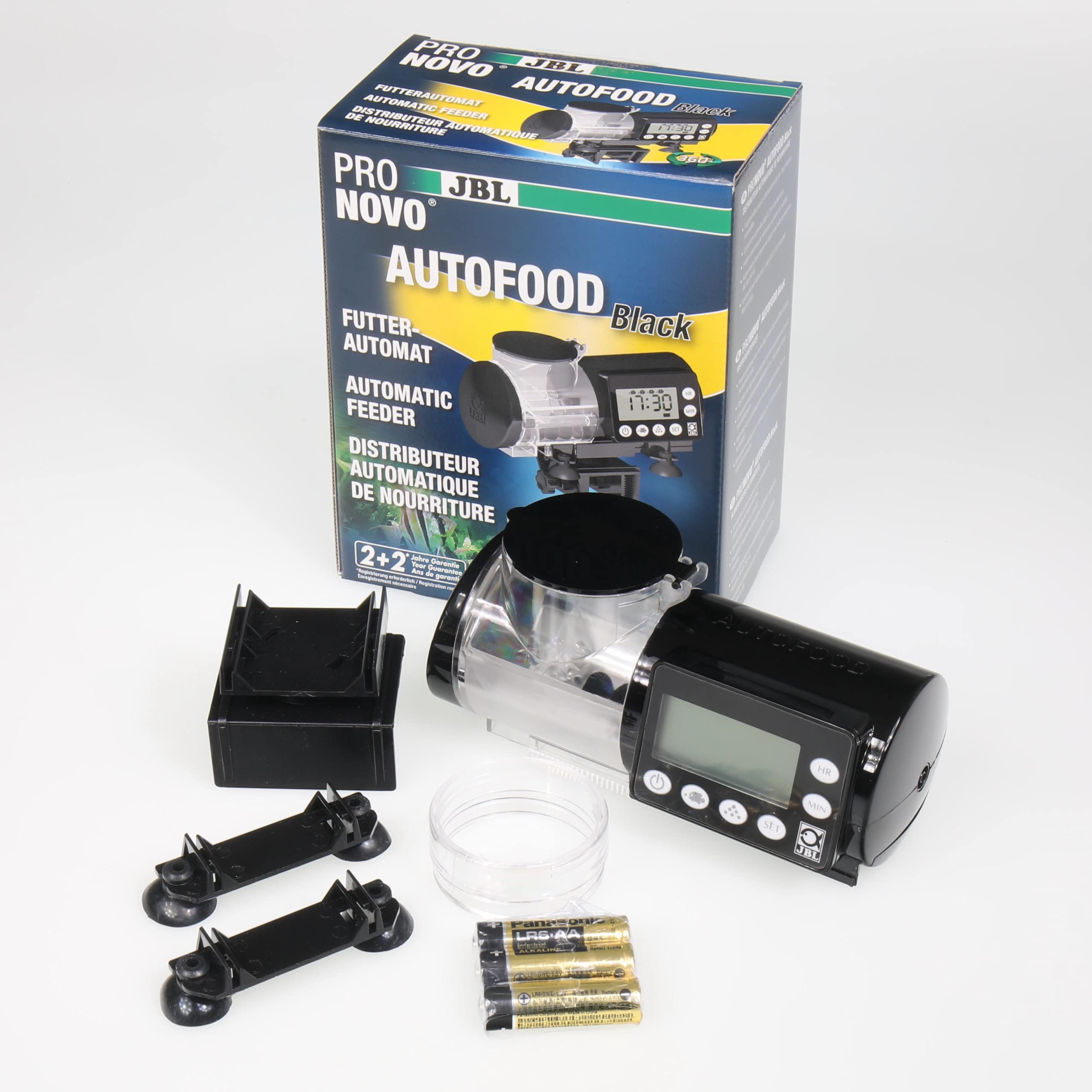JBL PRONOVO AUTOFOOD, Futterautomat für Aquarium, Fütterung mit Fischfutter-Granulat bis zu 4x täglich, Inkl. Halterung und Adapterring zur Erweiterung des Volumens auf 375 ml, Schwarz