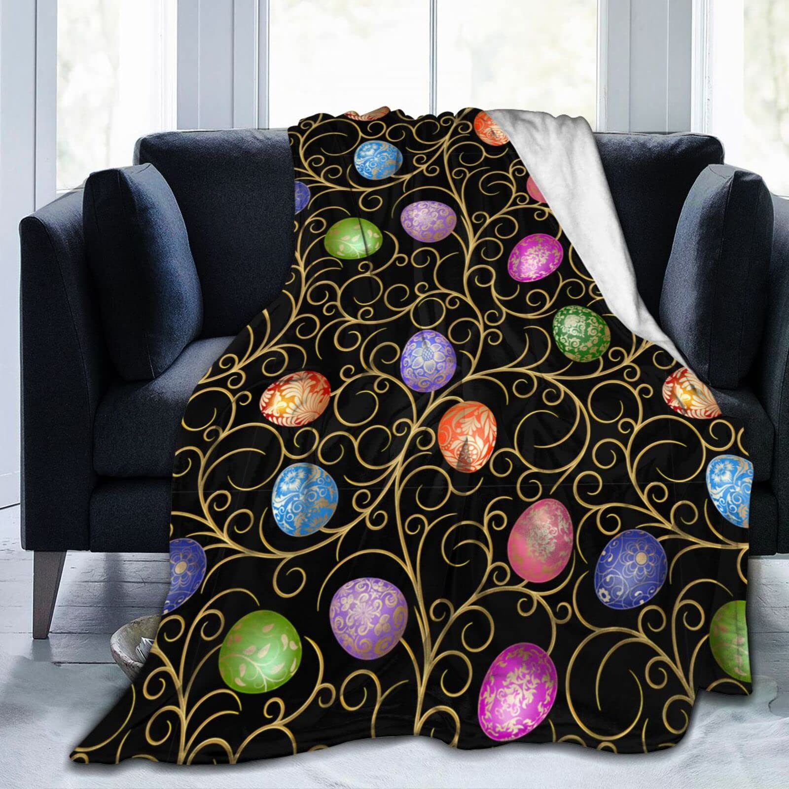 Lsjuee Easter Flowers Eggs Throw Blanket Warm Cozy Lightweight Blankets Easter Gift Flannel Blanket for Sofa Couch Bed Office Holiday Decorative 50"X40"