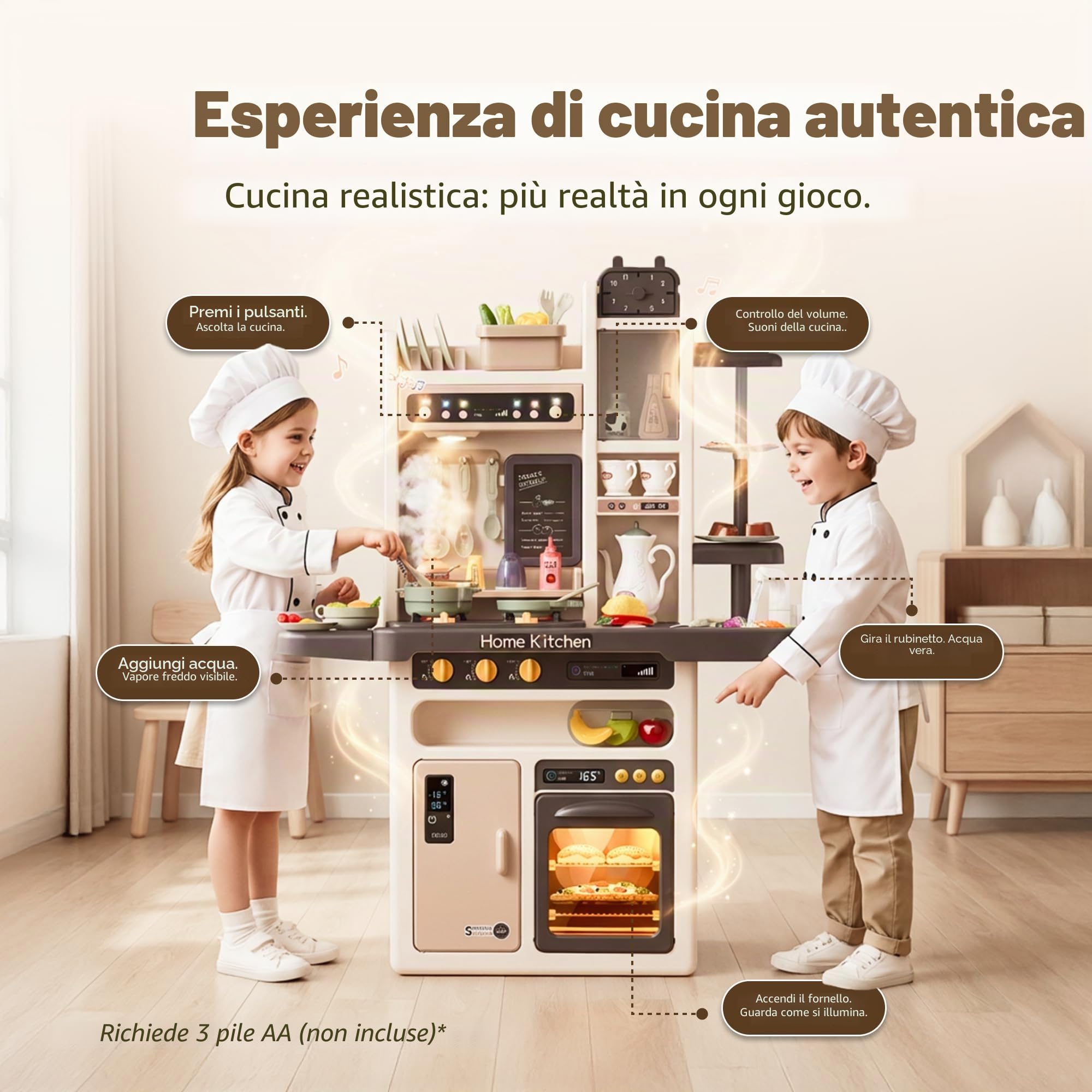 Kinderplay Cucina giocattolo per bambini – Vapore sicuro, luci e suoni – Gioco di imitazione 3+ con rubinetto a pompa – 65 accessori, 71×28,5×93,5 cm, KP3297