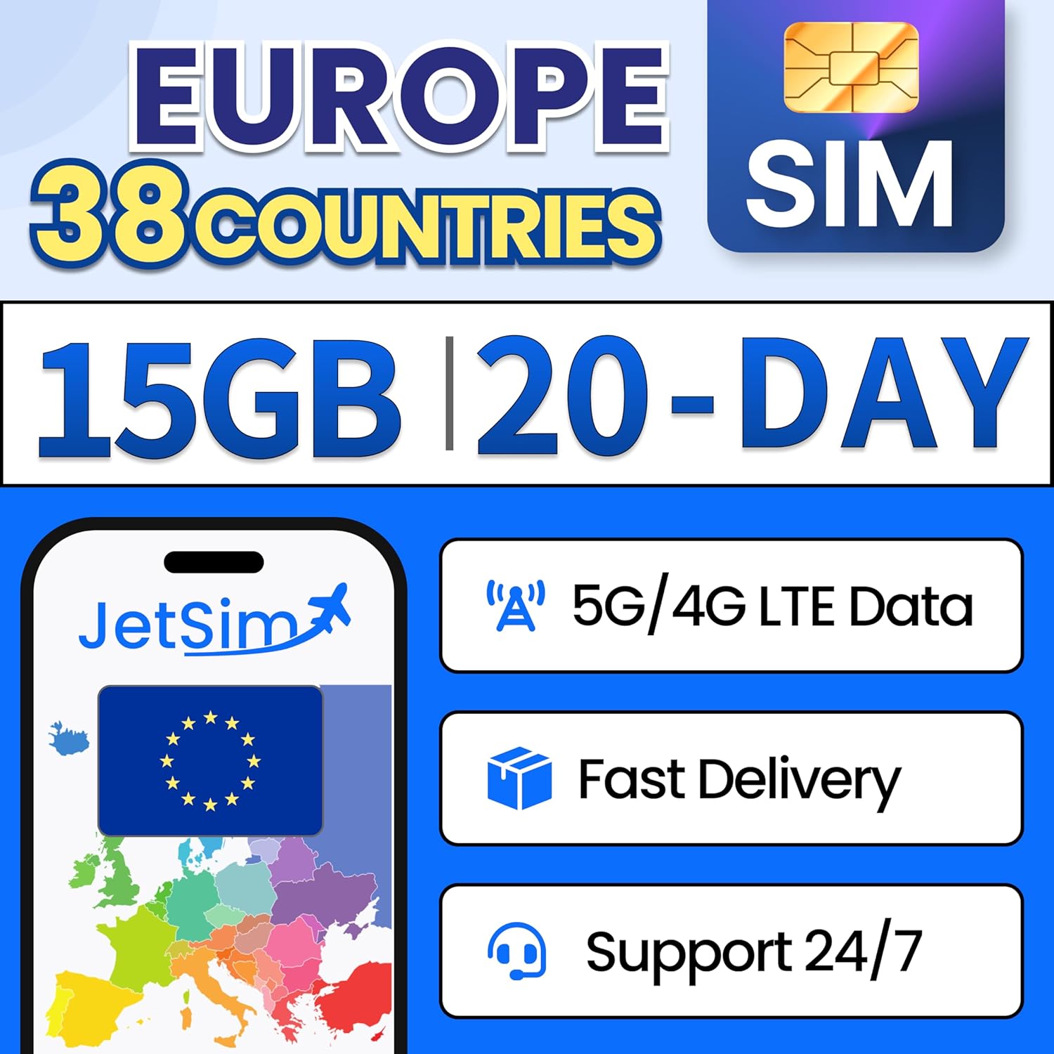 Europe Sim Card Unlimited Data with 20GB High-Speed, Works in 38 Countries for 15 Days - European Sim Card for iPhone with Customer Support - Sim Cards for Europe Travel