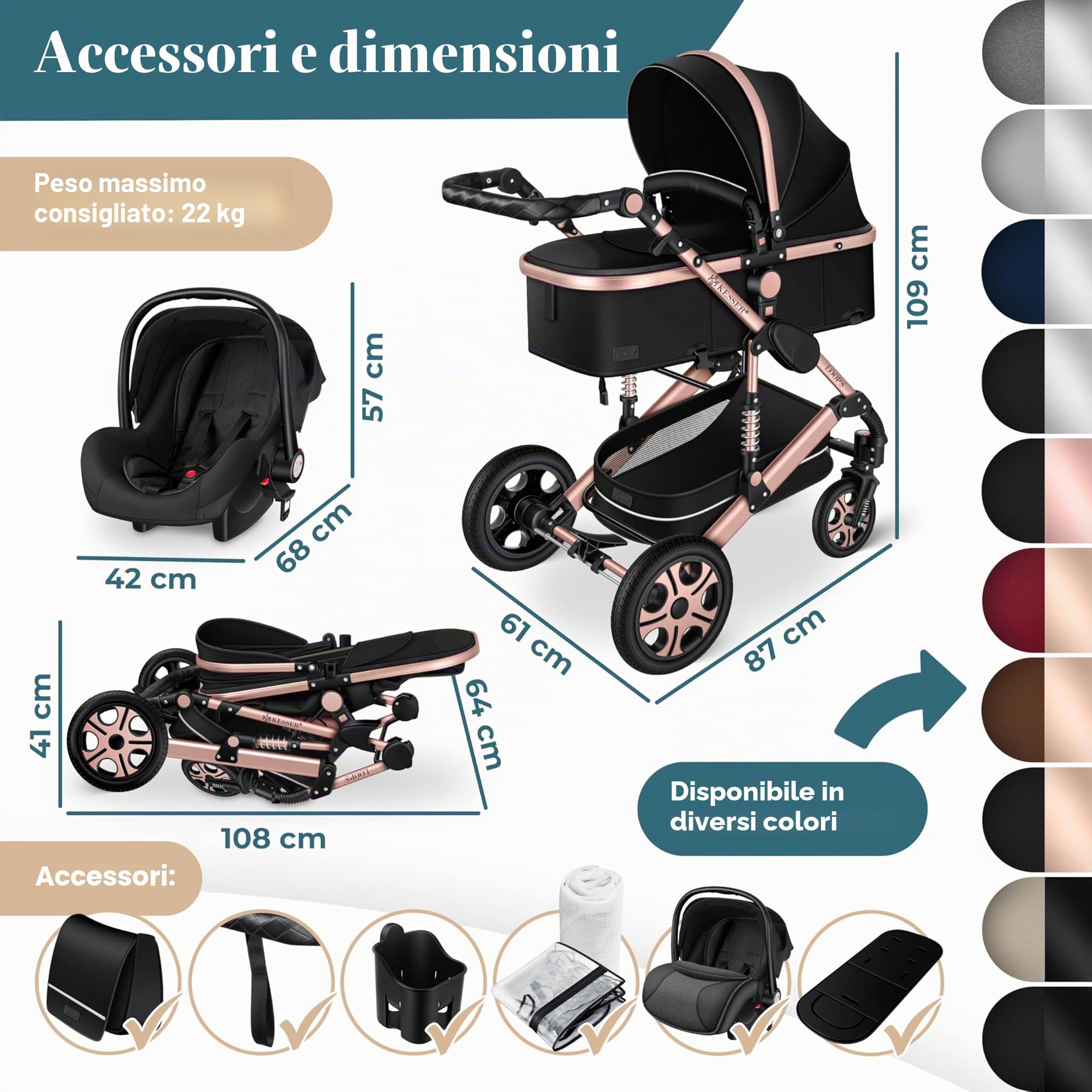KESSER Carrozzina 3in1 Loops, Combinata con navicella, Seggiolino auto, Nero/Oro Rosato