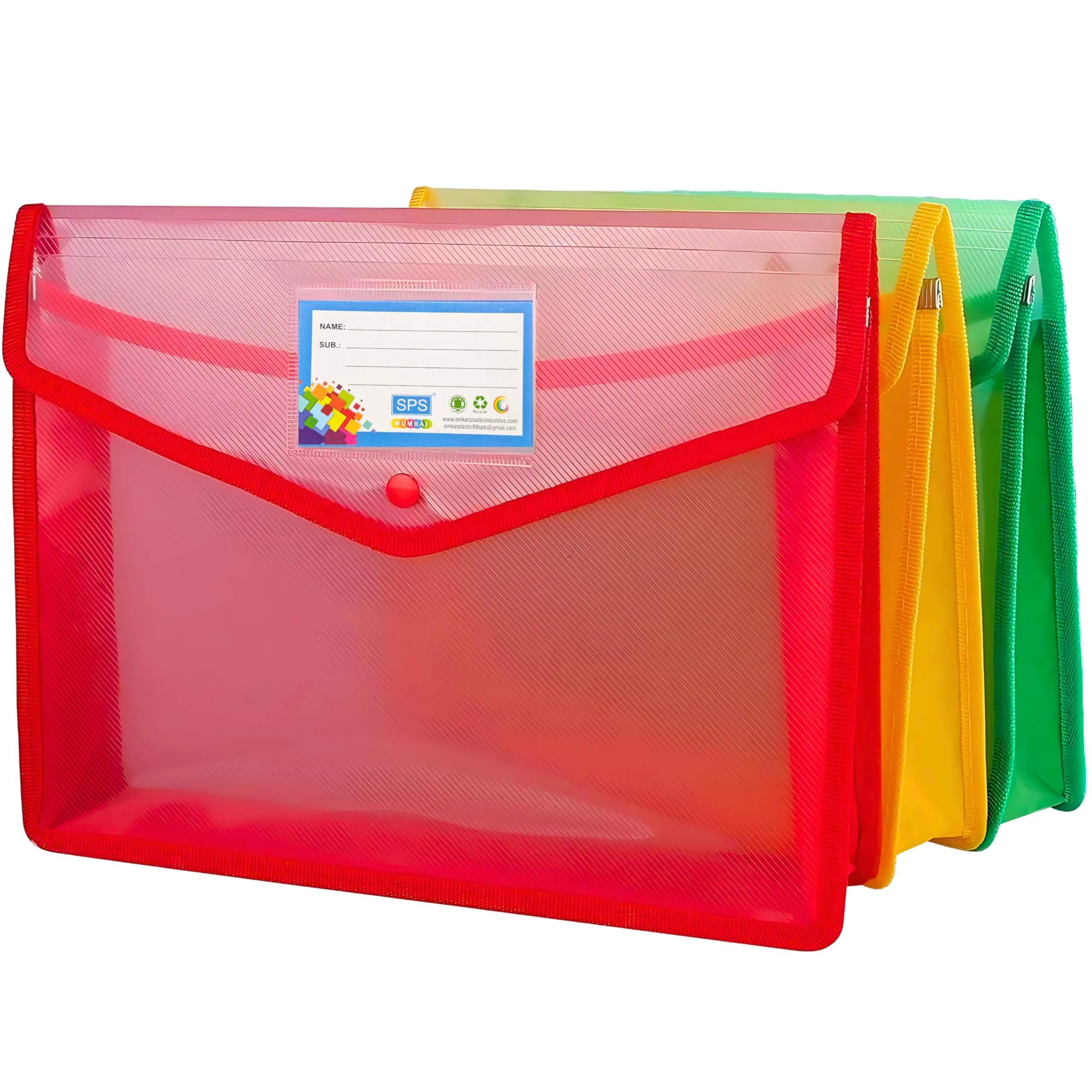 SPS Parth - Cartella portadocumenti A4, in plastica trasparente, con bottone a pressione, set di 3 cartelle portadocumenti, per certificati, formato A4, legale, borsa per documenti