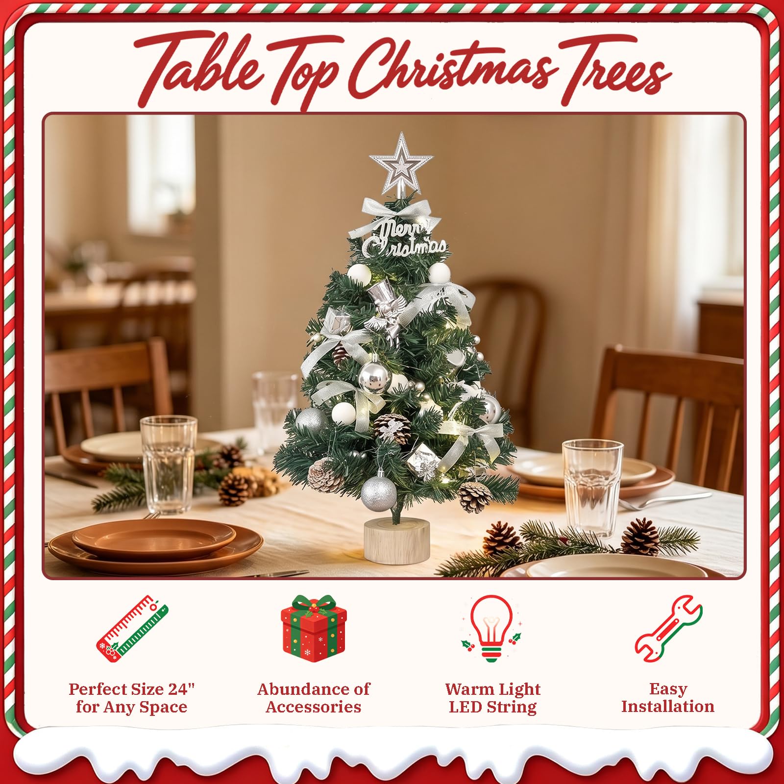 Mini sapin de Noël de table de 61 cm avec lumières | Petit sapin de Noël artificiel avec étoile - Kit de bricolage - Décoration pour la maison et centre de table - Blanc 60C06