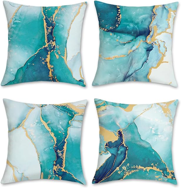 Bonhause Turquoise Marble Cushion Covers 50 x 50 cm Both Sides Teal Gold Abstract Art Modern Decorative Throw Pillow Covers Soft Velvet Pillowcases for Sofa Bed Home Patio Outdoor Decor Set of 4