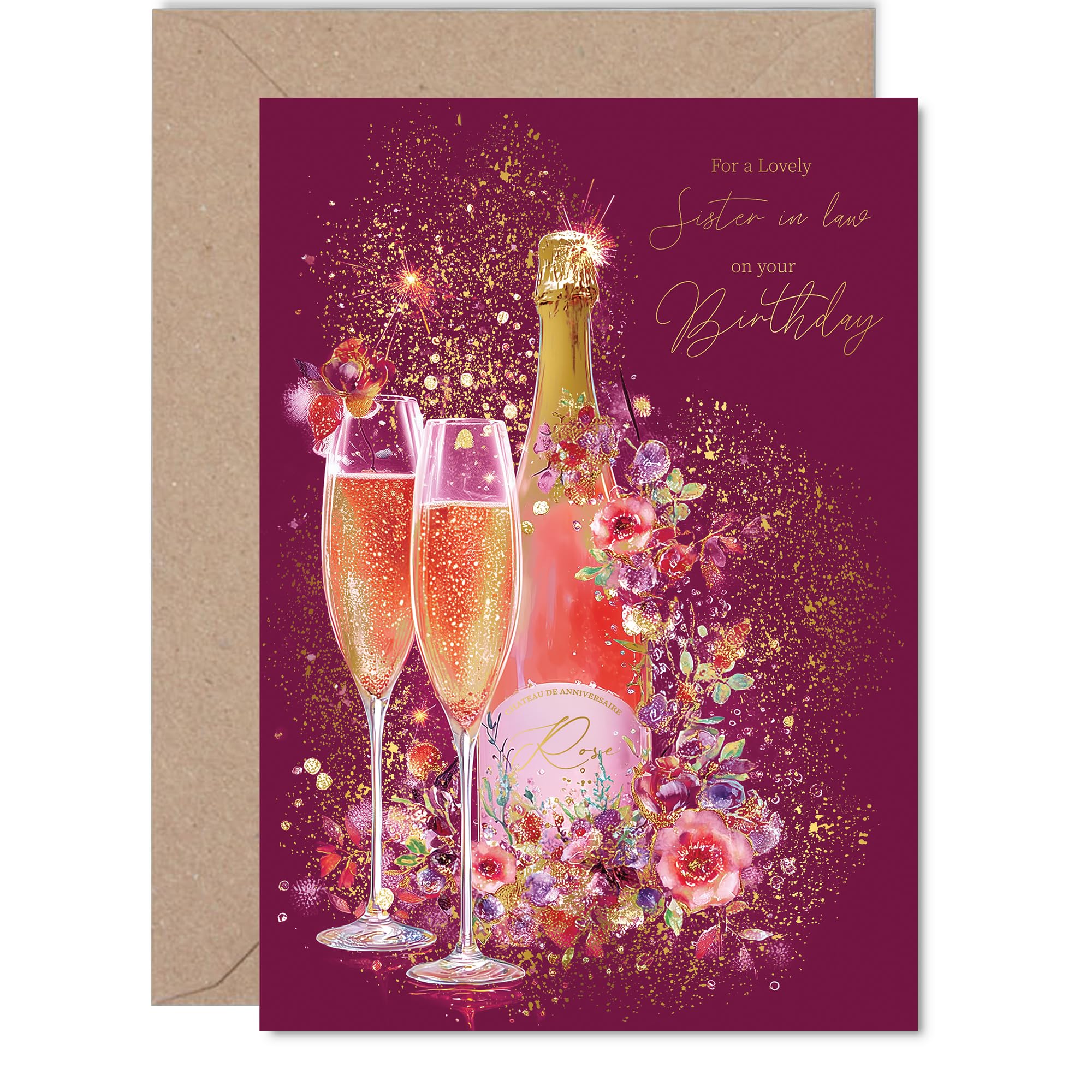 Gold Sister in Law Birthday Card, Sparkling Wine Prosecco