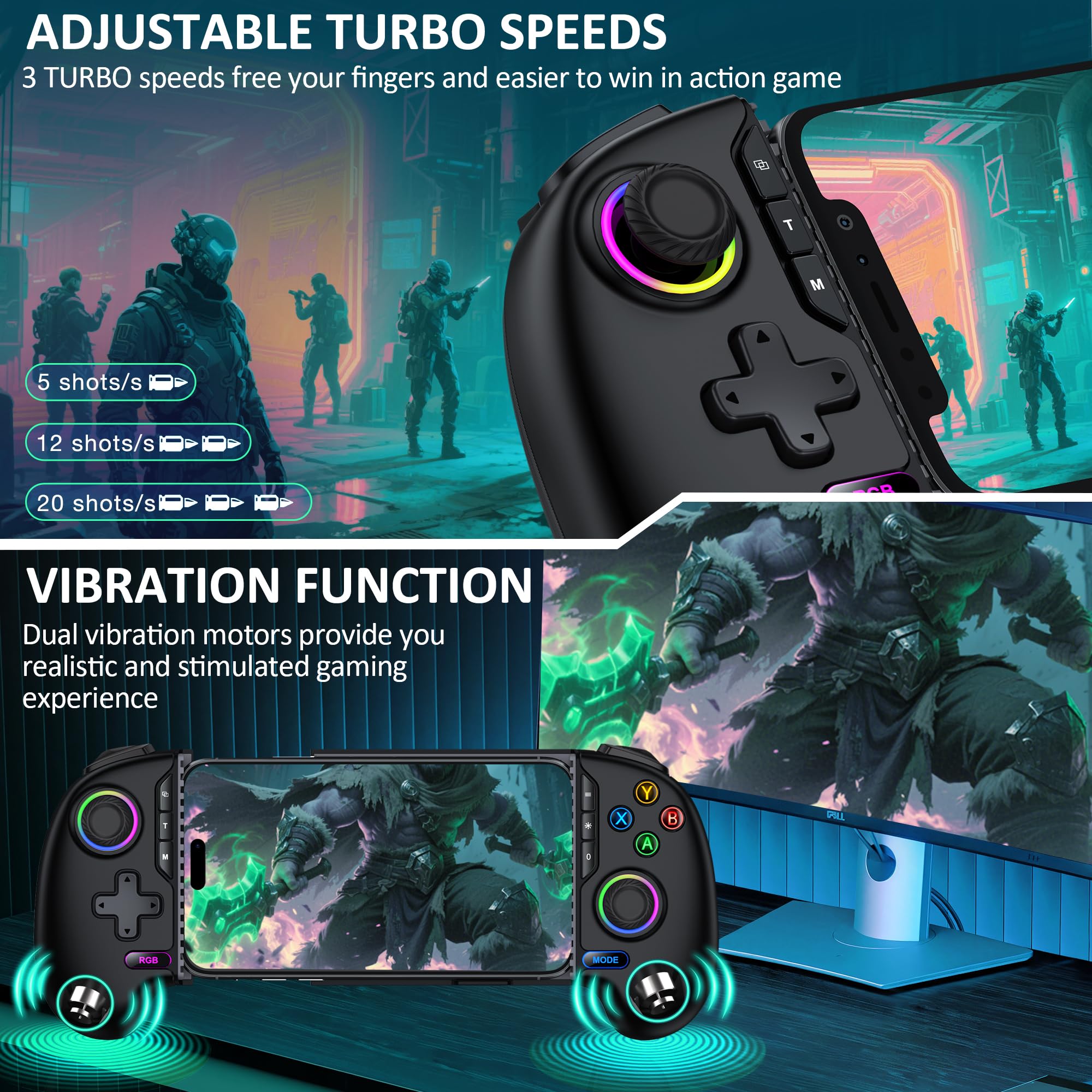 Controlador de juegos móvil inalámbrico para iPhone/Android – Convierte tu iPhone en una consola de juegos – Juega Xbox, PlayStation, Cloud Gamepad para iOS con Hall Joystick, RGB, Turbo (negro)