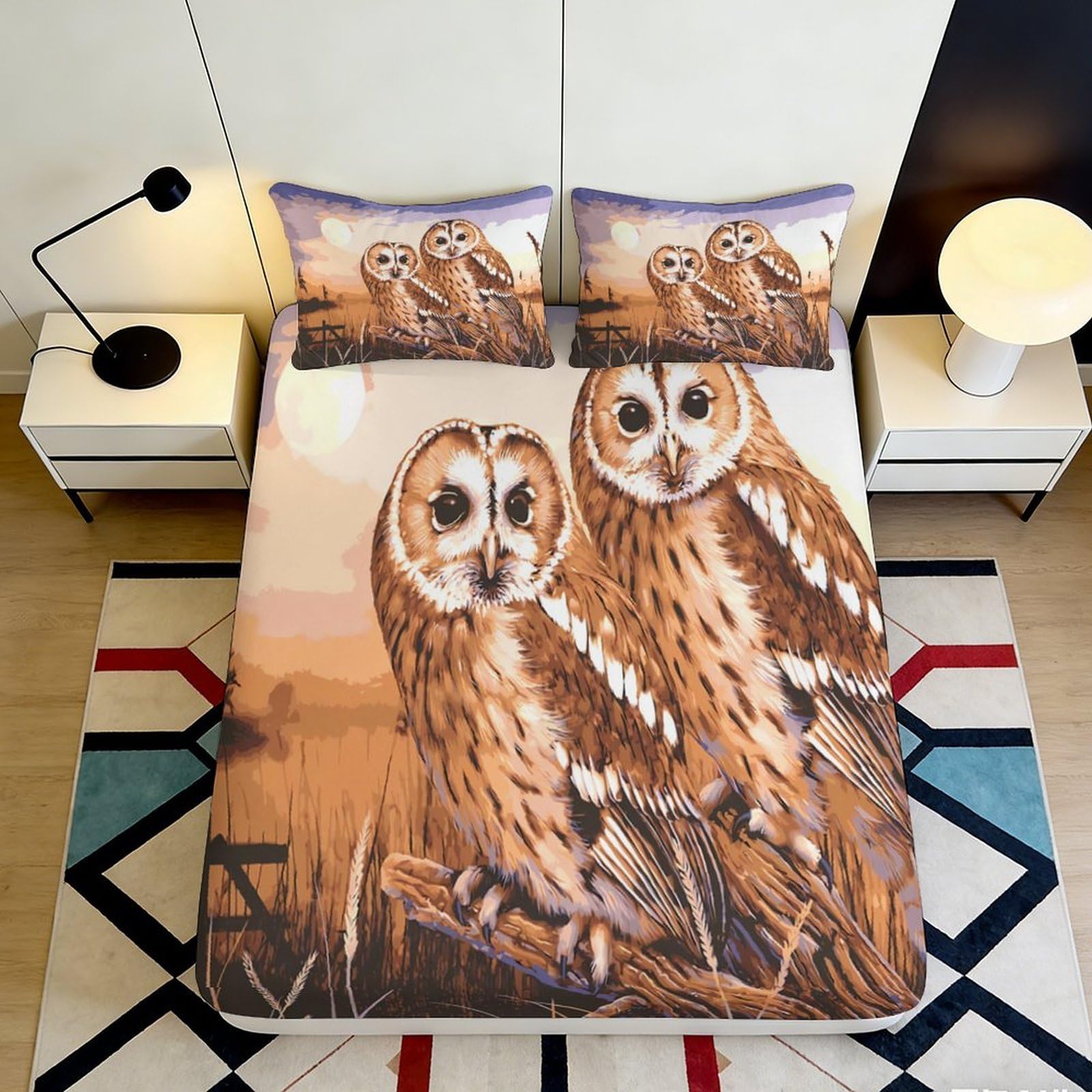 3D Printed Owl Sunset Fitted Sheet Microfiber Soft Anti-Slip Forest Owl Mattress Cover Bedroom Decor Washable 90x200x25cm