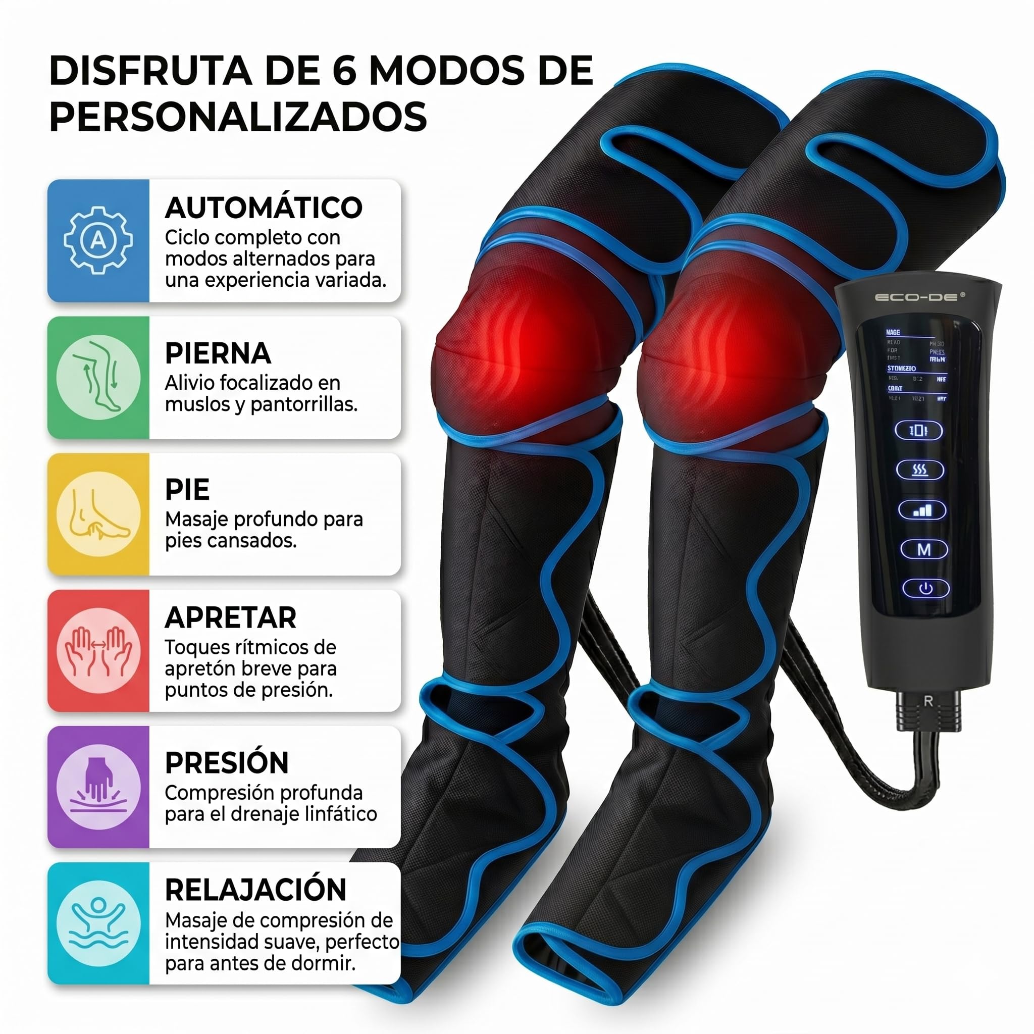 ECODE® Presoterapia para Piernas con 6 Modos, Calor, Vibración y Masaje - Botas Completas de Compresion para Alivio de Cansancio, Drenaje Linfatico, Relajación y Mejora de la Circulación en Casa