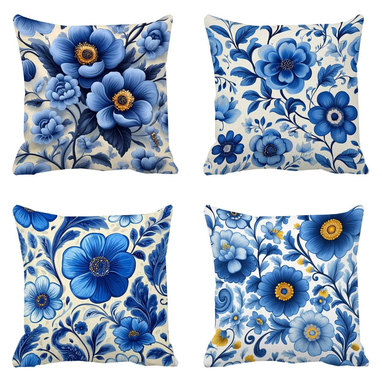 Coussin canapé bleu pastorale 75x75 cm lot de 4 housses carrées pour l'extérieur m-392