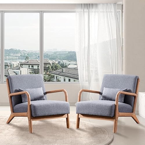 Miniatura 42 de INZOY - Sillón decorativo de mediados de siglo con estructura de madera, tapizados, para sala de estar, con cojín para la cintura, sillón de lectura