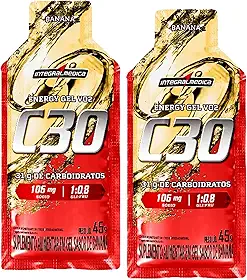 Energy Gel VO2 C30 Integralmedica 45g – Gel Energético com Carboidratos, Cafeína e Sódio – Suplemento de Energia para Corrida, Ciclismo, Triathlon, Maratona, Treino e Resistência | Kit 02x Saches (Banana | Sem Cafeina)