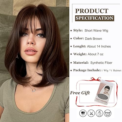Miniatura 2 de Esmee Peluca corta marrón oscuro de 14 pulgadas con flequillo, puntas de cabello sintético natural, pelucas lacias, para mujeres, uso diario,