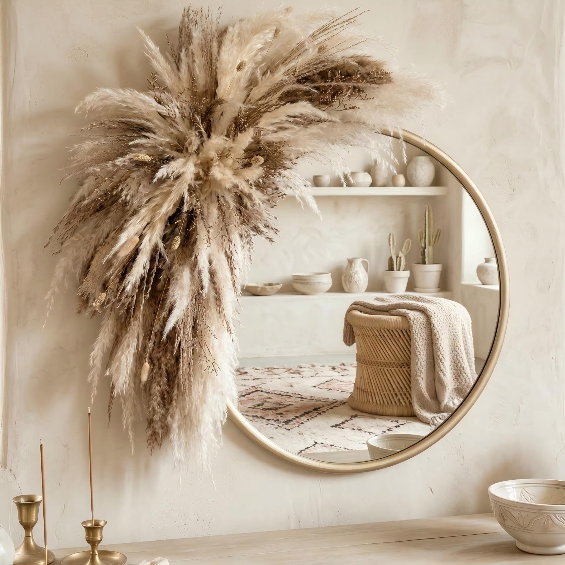 Photo 1 of Large Boho Pampas Grass Wall Decor Set, 89Pcs DIY Dried Flower Wall Art Kit with Floral Foam, Creamy Beige and Natural, for Living Room, Nursery, Wedding Backdrop (Wall Decor Set)